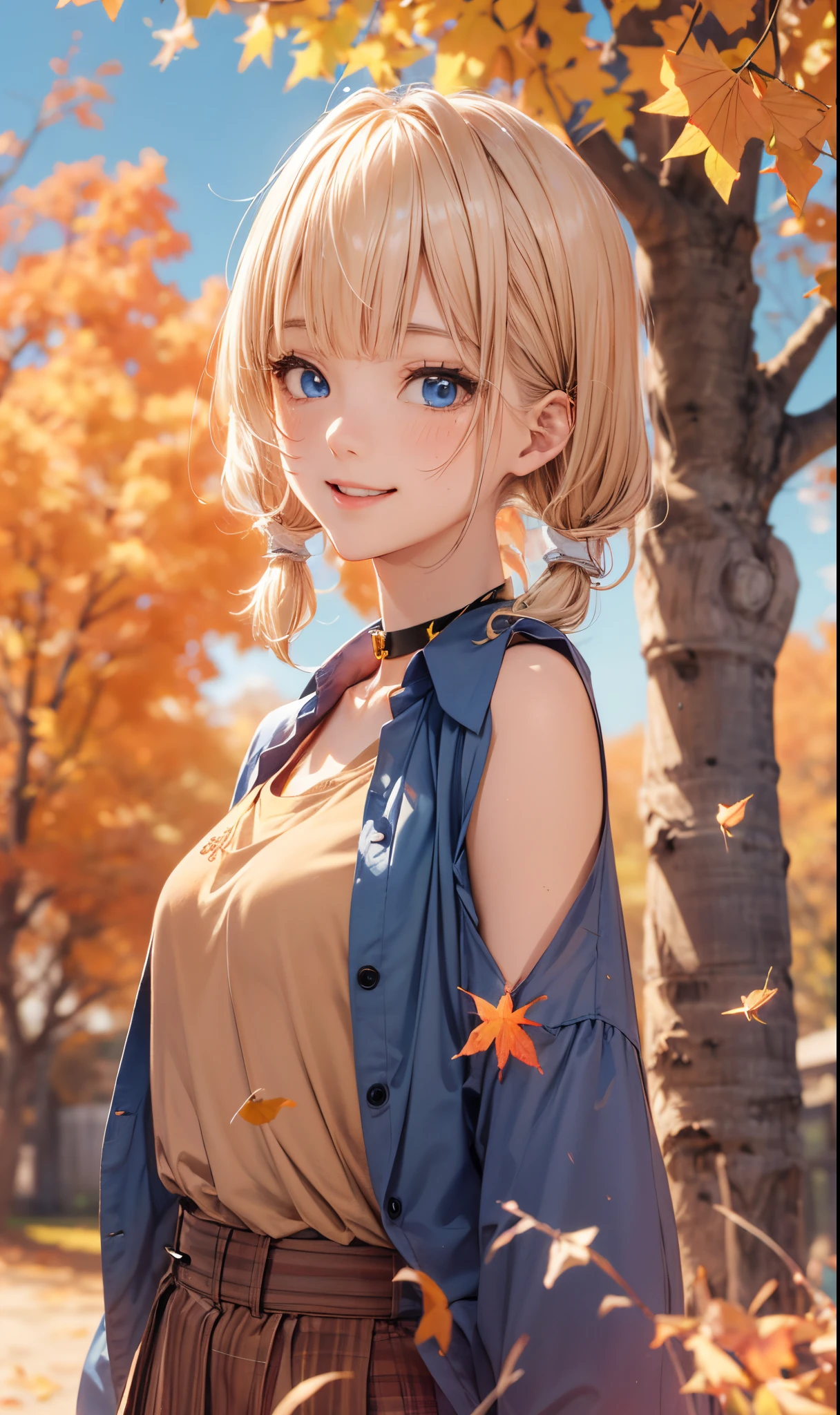 absurderes, ultra-detailliert,bright colour, extremely beautiful detailed anime face and eyes, 25 years old,(Blue sky in autumn:1.4)、In a row of ginkgo trees ,It is dotted with maples,asymmetrical bangs,(Blonde hair with short twin tails), Shiny hair, Delicate beautiful face, red blush、(Deep Blue Eyes:1.3), White skin, hair clips,  (Brown shirt:1.4)、Happy smile、Slender body、(sun light)、a choker、