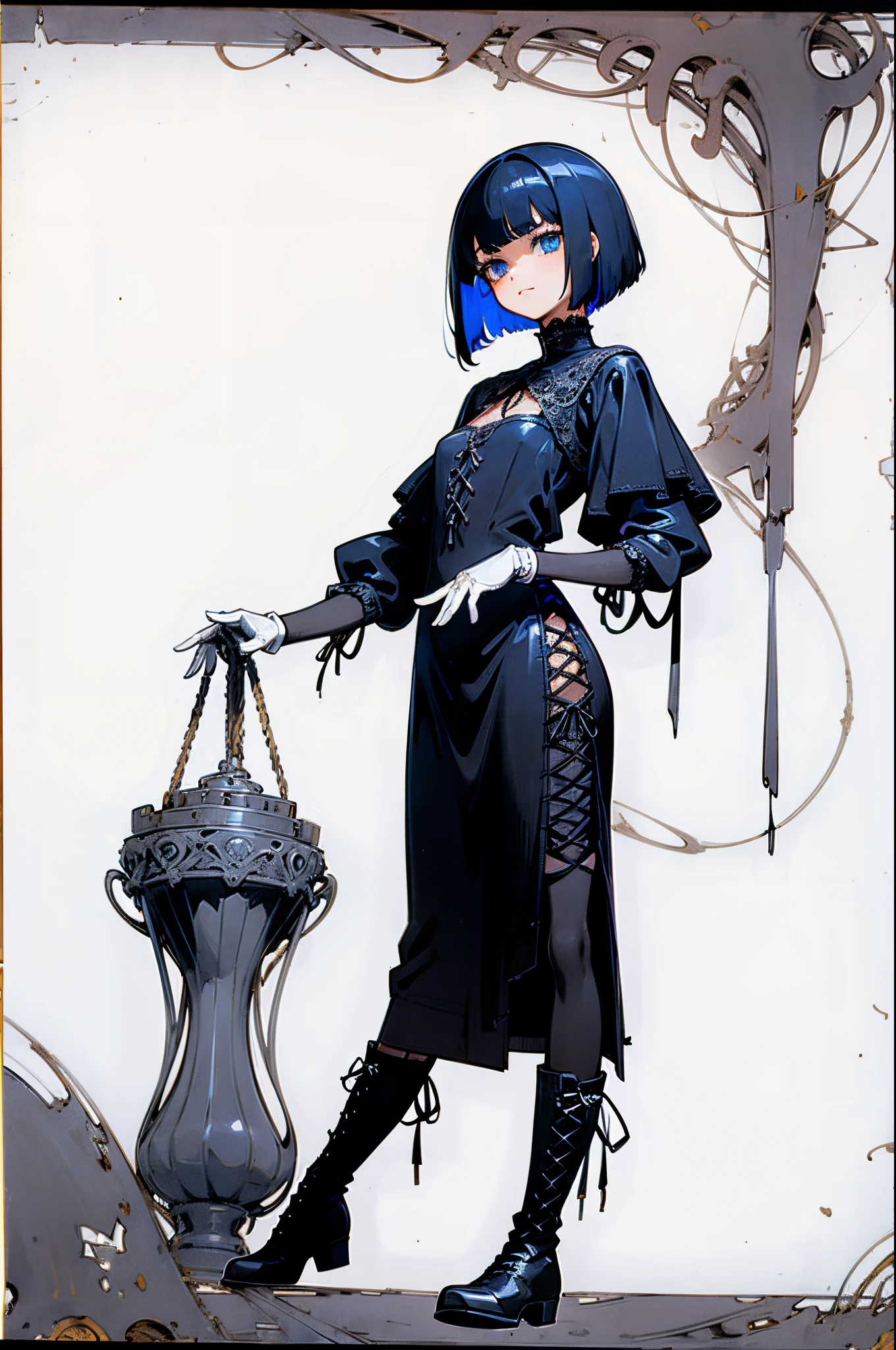 Only 1 girl, a dark blue haired, on-eyebrow bangs, bob cut hair, (Sanpaku blue eyes:1.3), unpleasant smile, BREAK, wearing a black dress in the Gothic style, an intricate Gothic-style dress with detailed lacework, layers of silk and velvet, adorned with ornate patterns and a dramatic collar, (wearing black latex gloves:1.3), BREAK, Standing with your back straight, (wearing lace-up boots:1.3), BREAK, character only, perfect anatomy, (background is white only :1.8), incredibly absurdres, super detailed illustration, extra detailed face, super detailed illustration, extra detailed face, raw photography, DeviantArt trends, natural soft light.