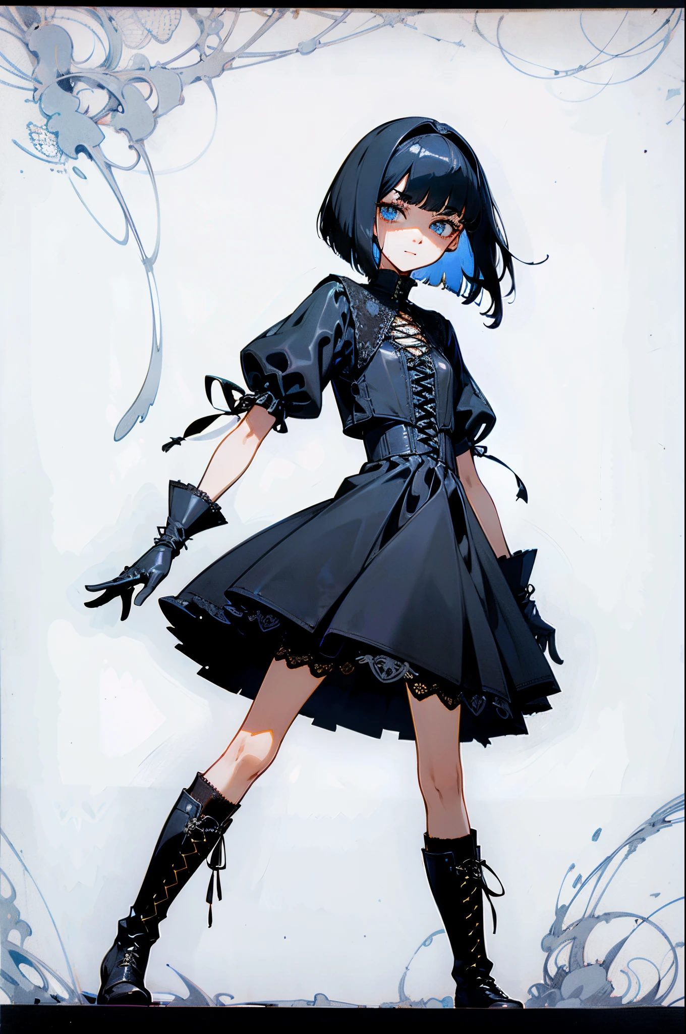 Only 1 girl, a dark blue haired, on-eyebrow bangs, bob cut hair, (Sanpaku blue eyes:1.3), unpleasant smile, BREAK, wearing a black dress in the Gothic style, an intricate Gothic-style dress with detailed lacework, layers of silk and velvet, adorned with ornate patterns and a dramatic collar, (wearing black latex gloves:1.3), BREAK, Standing with your back straight, (wearing lace-up boots:1.3), BREAK, character only, perfect anatomy, (background is white only :1.8), incredibly absurdres, super detailed illustration, extra detailed face, super detailed illustration, extra detailed face, raw photography, DeviantArt trends, natural soft light.