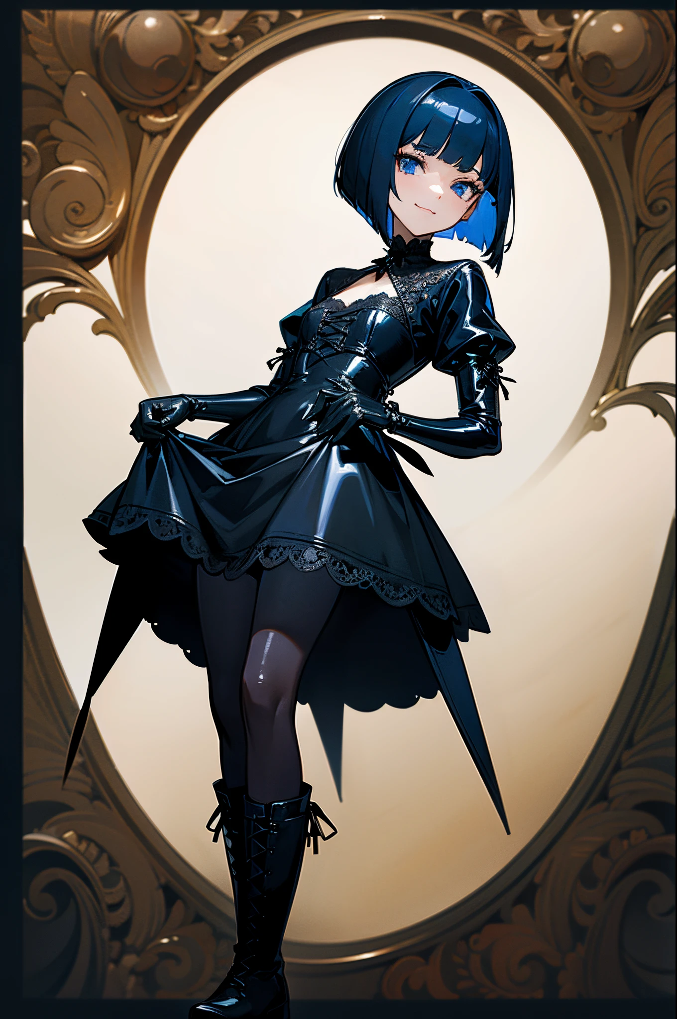 Only 1 girl, a dark blue haired, on-eyebrow bangs, bob cut hair, (Sanpaku blue eyes:1.3), unpleasant smile, BREAK, wearing a black dress in the Gothic style, an intricate Gothic style dress with detailed lacework, layers of silk and velvet, adorned with ornate patterns and a dramatic collar, (wearing black latex gloves:1.3), BREAK, Standing with your back straight, (wearing lace-up boots:1.3), BREAK, Adobe Illustrator style Bezier curves and fills, character only, perfect anatomy, incredibly absurdres, extra detailed face.