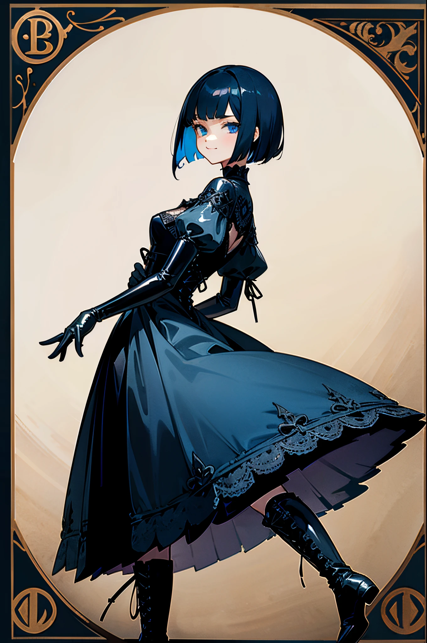 Only 1 girl, a dark blue haired, on-eyebrow bangs, bob cut hair, (Sanpaku blue eyes:1.3), unpleasant smile, BREAK, wearing a black dress in the Gothic style, an intricate Gothic style dress with detailed lacework, layers of silk and velvet, adorned with ornate patterns and a dramatic collar, (wearing black latex gloves:1.3), BREAK, Standing with your back straight, (wearing lace-up boots:1.3), BREAK, Adobe Illustrator style Bezier curves and fills, character only, perfect anatomy, incredibly absurdres, extra detailed face.
