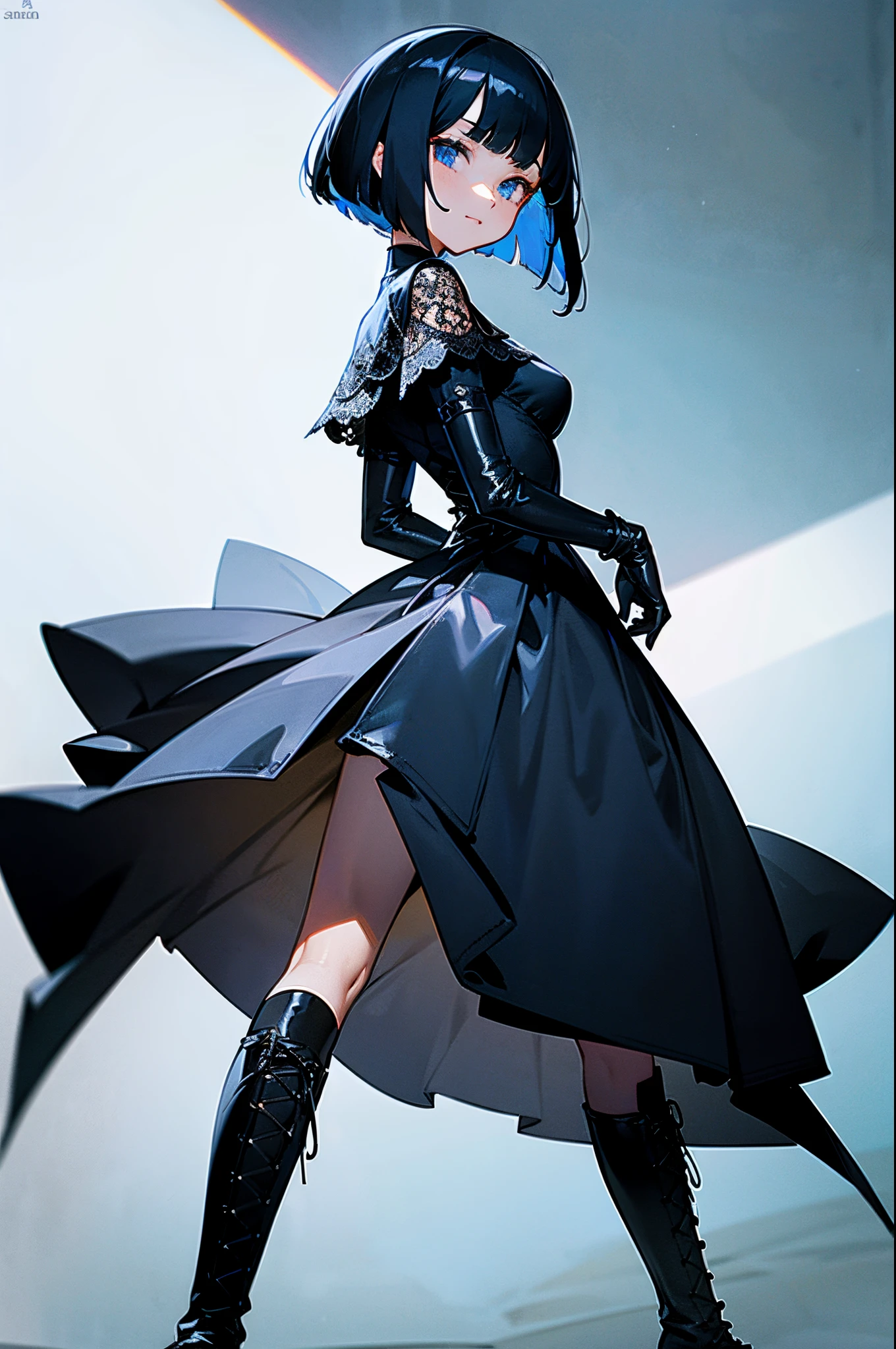 Only 1 girl, a dark blue haired, on-eyebrow bangs, bob cut hair, (Sanpaku blue eyes:1.3), unpleasant smile, BREAK, wearing a black dress in the Gothic style, an intricate Gothic style dress with detailed lacework, layers of silk and velvet, adorned with ornate patterns and a dramatic collar, (wearing black latex gloves:1.3), BREAK, Standing with your back straight, (wearing lace-up boots:1.3), BREAK, Adobe Illustrator style Bezier curves and fills, character only, perfect anatomy, incredibly absurdres, extra detailed face.