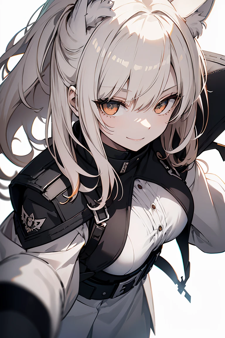 1 girl in, Full body, White one-piece military uniform, (masutepiece:1.2, Best Quality), (finely detailed beautiful eye: 1.2), (beautifull detailed face), High contrast, (Best Illumination, extremely delicate and beautiful), ((Cinematic Light)), Dramatic light, very orange eyes, flat chest, Belt at under the breast, White military uniform, White skirt,blonde hair, Black tie, (Pale white background:1.5), Wolf cut hair, Look at me and smile, dynamic pose,