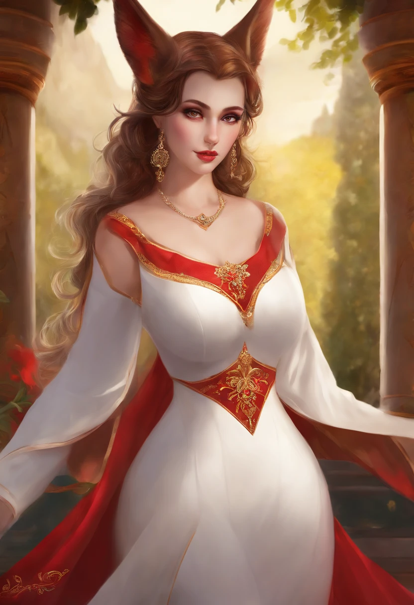 masterpiece, highres, best quality, highly detailed, wallpaper, painterly, brush strokes, pointy ears, yellow eyes, slit pupils, beautiful woman, large breasts, large butt, red dress