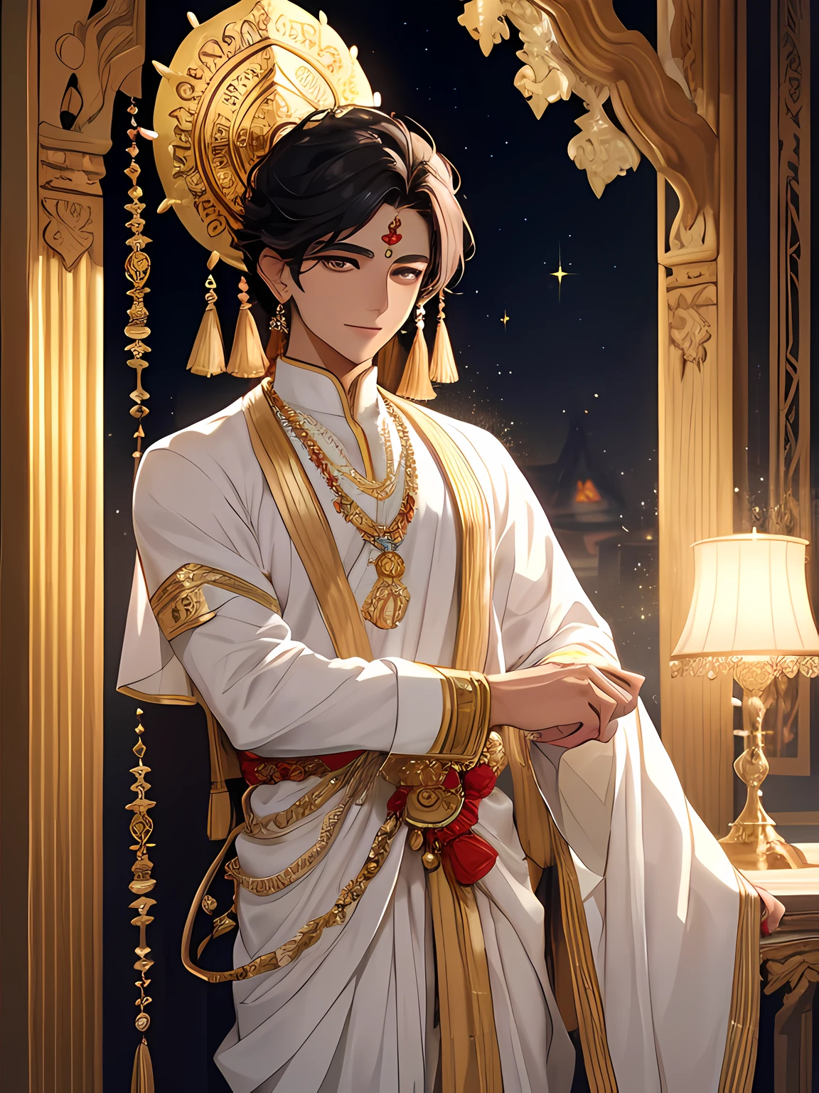 "Describe a stunningly handsome young man adorned in attire reminiscent of Lord Krishna, radiating a divine aura and possessing a tranquil, cheerful demeanor. Capture his godly presence, and emphasize his eternal calmness and happiness that lights up the surroundings."
