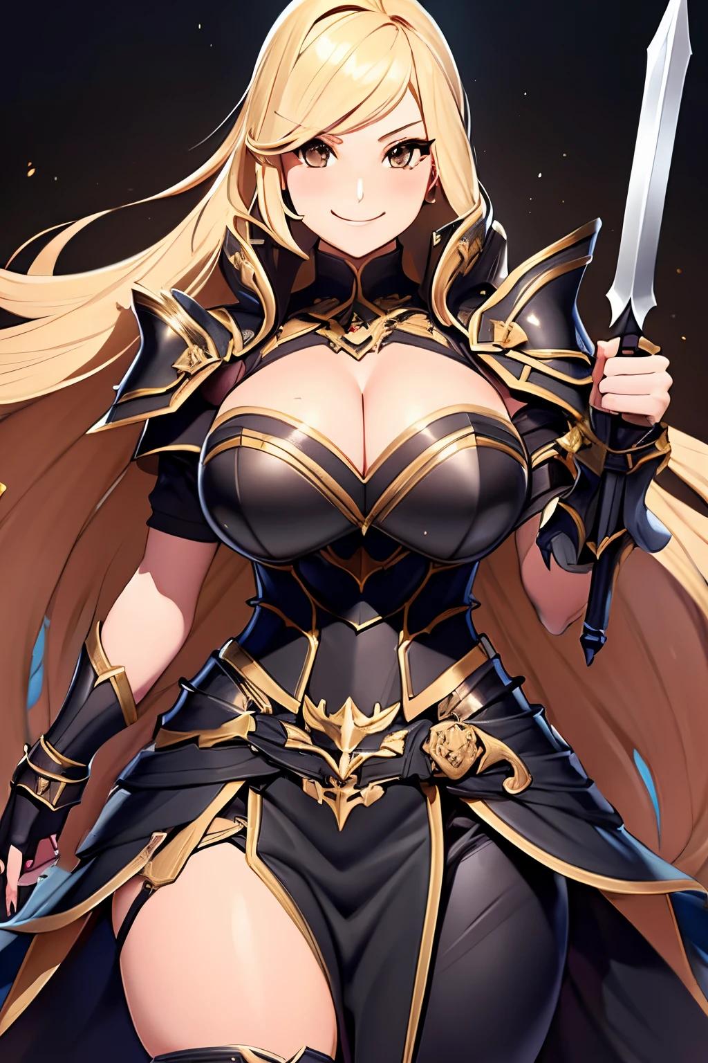 woman, pretty face, dark blonde long hair, brown eyes, black armor, cleavage, black skirt, holding two swords, smiling, sure, busty, large thighs, heavy armor, breastplate,