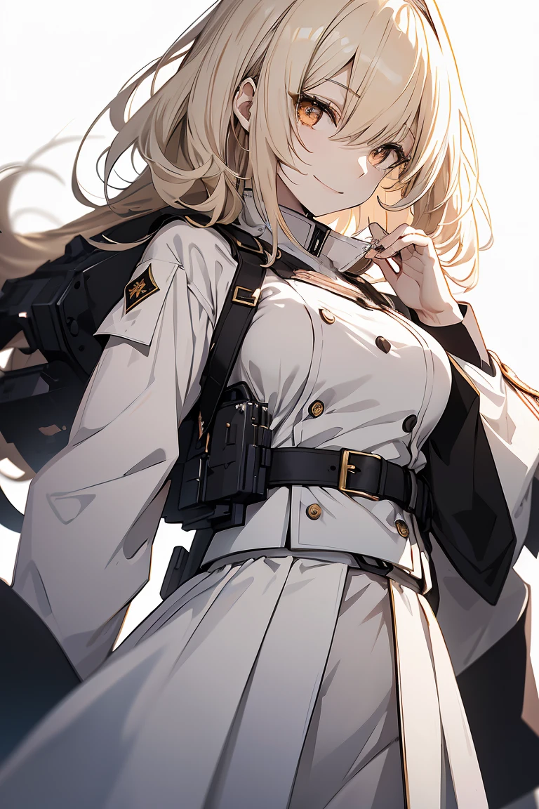 1 girl in, Full body, White one-piece military uniform, (masutepiece:1.2, Best Quality), (finely detailed beautiful eye: 1.2), (beautifull detailed face), High contrast, (Best Illumination, extremely delicate and beautiful), ((Cinematic Light)), Dramatic light, very orange eyes, flat chest, Belt at under the breast, White military uniform, White skirt,blonde  hair, Black tie,  (Pale white background:1.5), Wolf cut hair, Look at me and smile, dynamic pose,