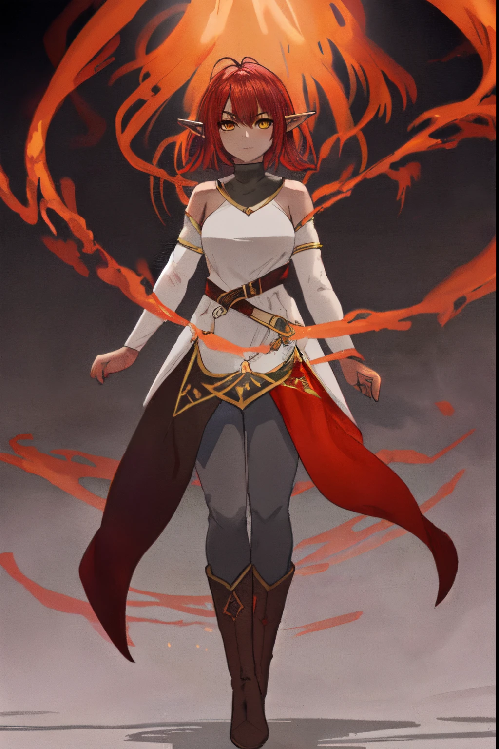 Red hair, short hair, (((dark skin:1.4))), elf ears, yellow eyes, twin_lowbraids, muscular:1.2,,tall:1.6, medium breasts, boots, exposed shoulders, gray pants,long sleeves, red tunic:1.3, black tunic:1.1,night, fantasy, lava background