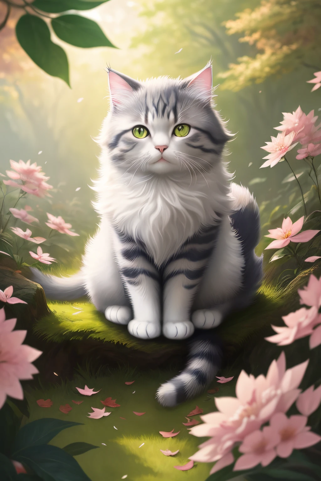 There is a cat sitting in leaves, anime cat, warrior cat fan art, realistic anime cat, cute detailed digital art, anime art wallpaper 4K, anime art wallpaper 4K, beautiful digital artwork, cute digital painting, 4K detailed digital art, 4K highly detailed digital art, very, very beautiful furry art, cute cat anime vision, picture color richer, cat eyes full color.