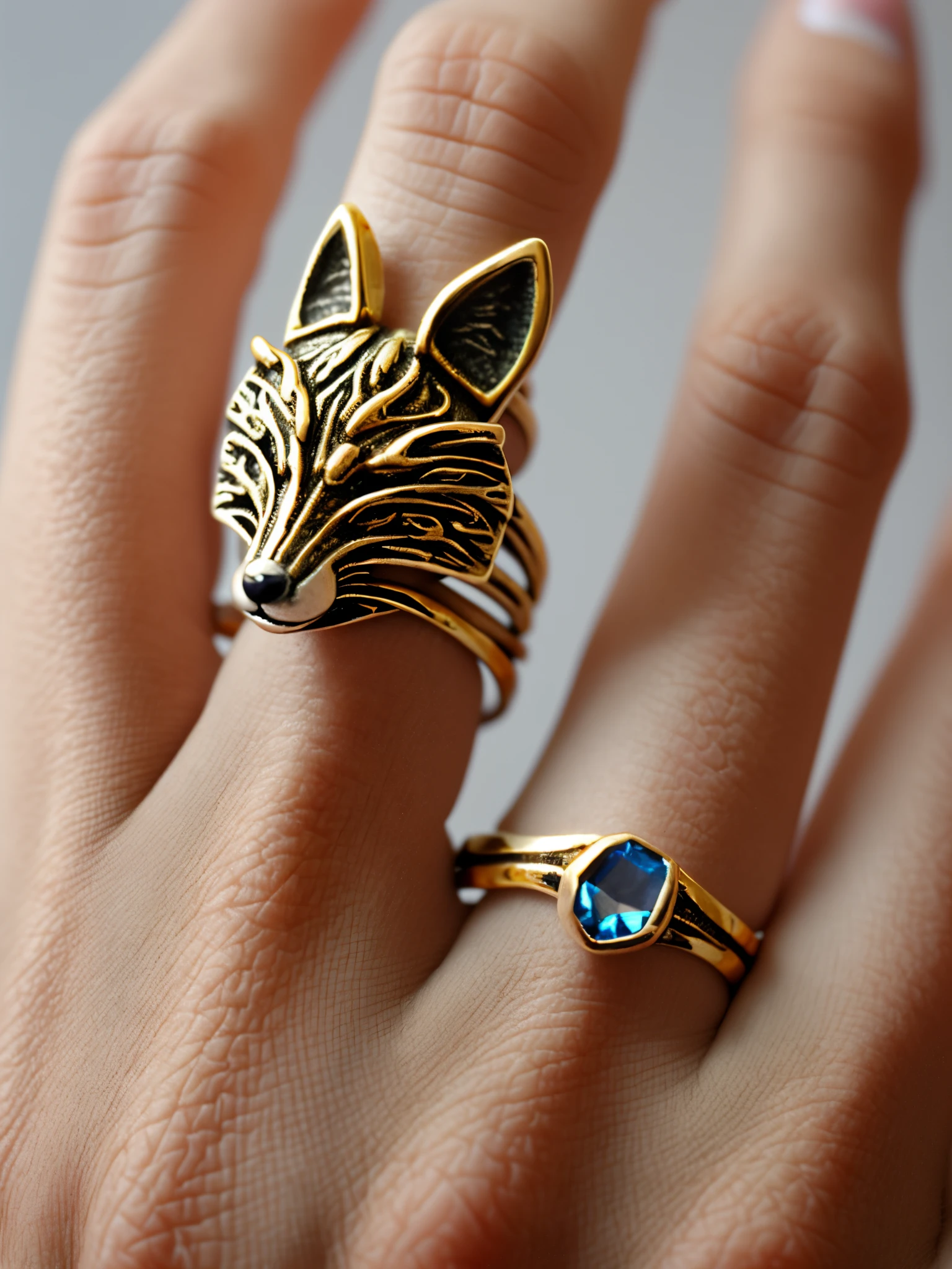 Design a beautiful gold ring,It contains simple fox elements,Has exquisite details and lines,Decorated with gemstones
