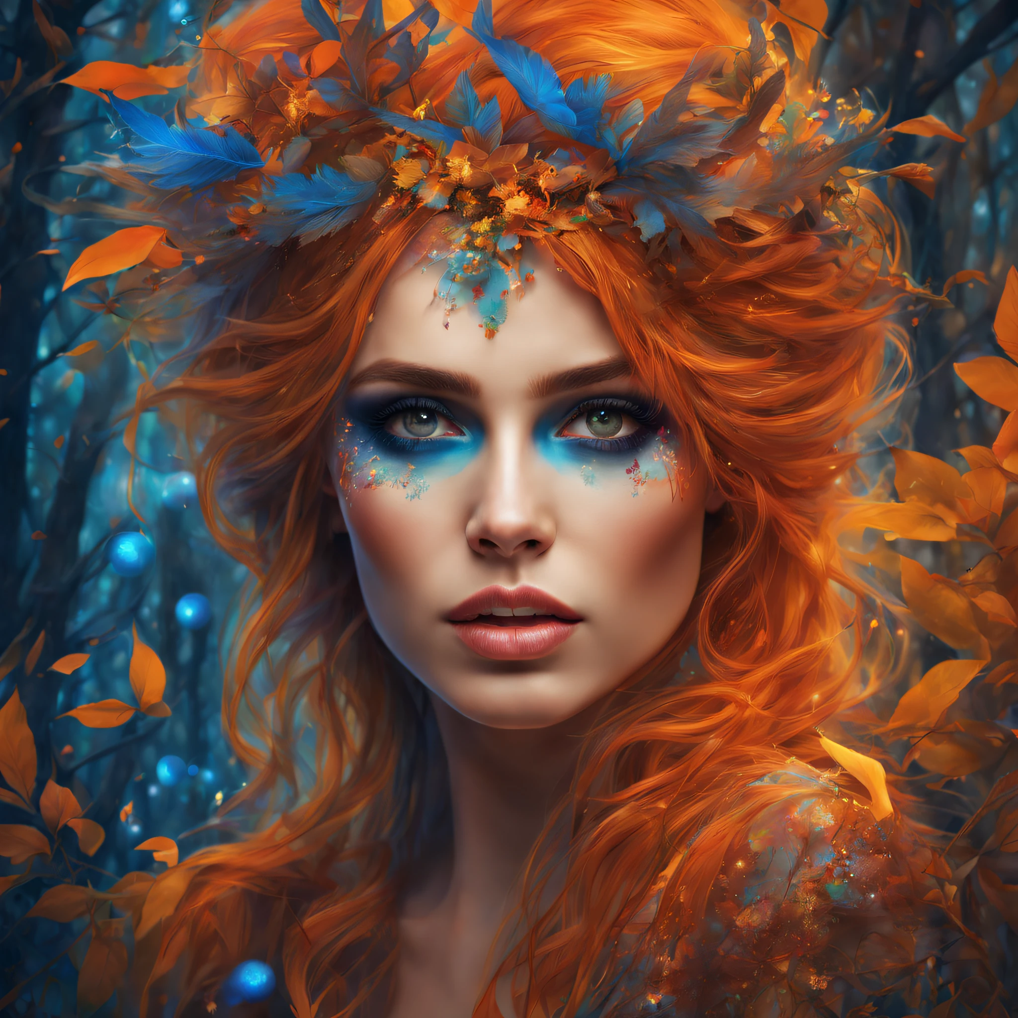 Hyper realistically detailed, magical pop art style of a beautiful and mysterious woman's face, with hair decorated in a magical style, with beautiful makeup with magic, in a magical and beautiful forest, magical art style, with orange coloring with blue and red and tie it up, 8k.