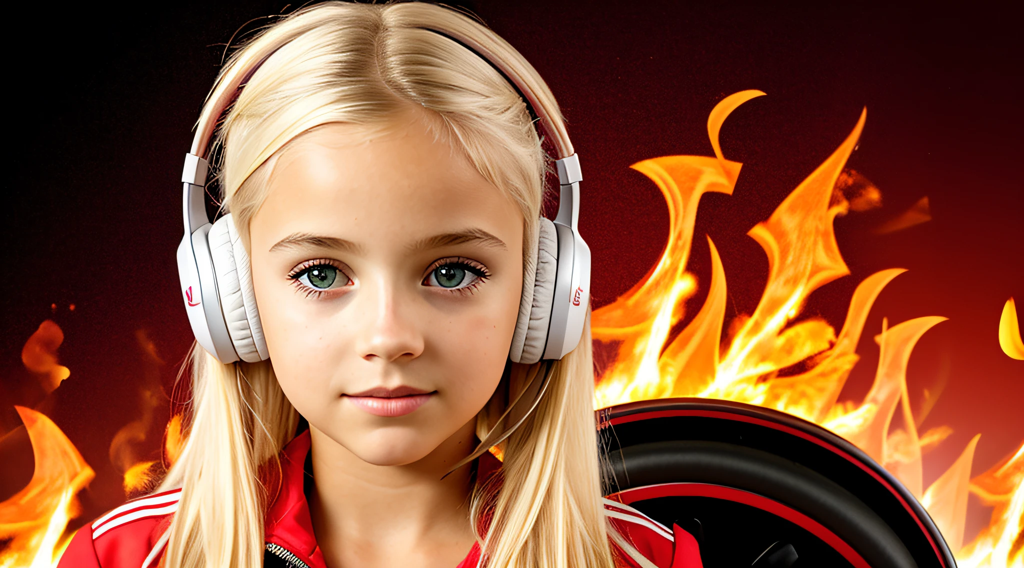 girl BLONDE CHILD, golden eyes, platinum haired girl, there is a woman with headphones and a red background, on fire, flames in the background, flames surround her, fire and flames and smoke, portrait shot, promotional art, red flames in the background, background art, wearing tumultuous flames, flames in the background, closeup portrait photo, Girl wearing headphones, loud music, hair made of fire, music, fiery atmosphere