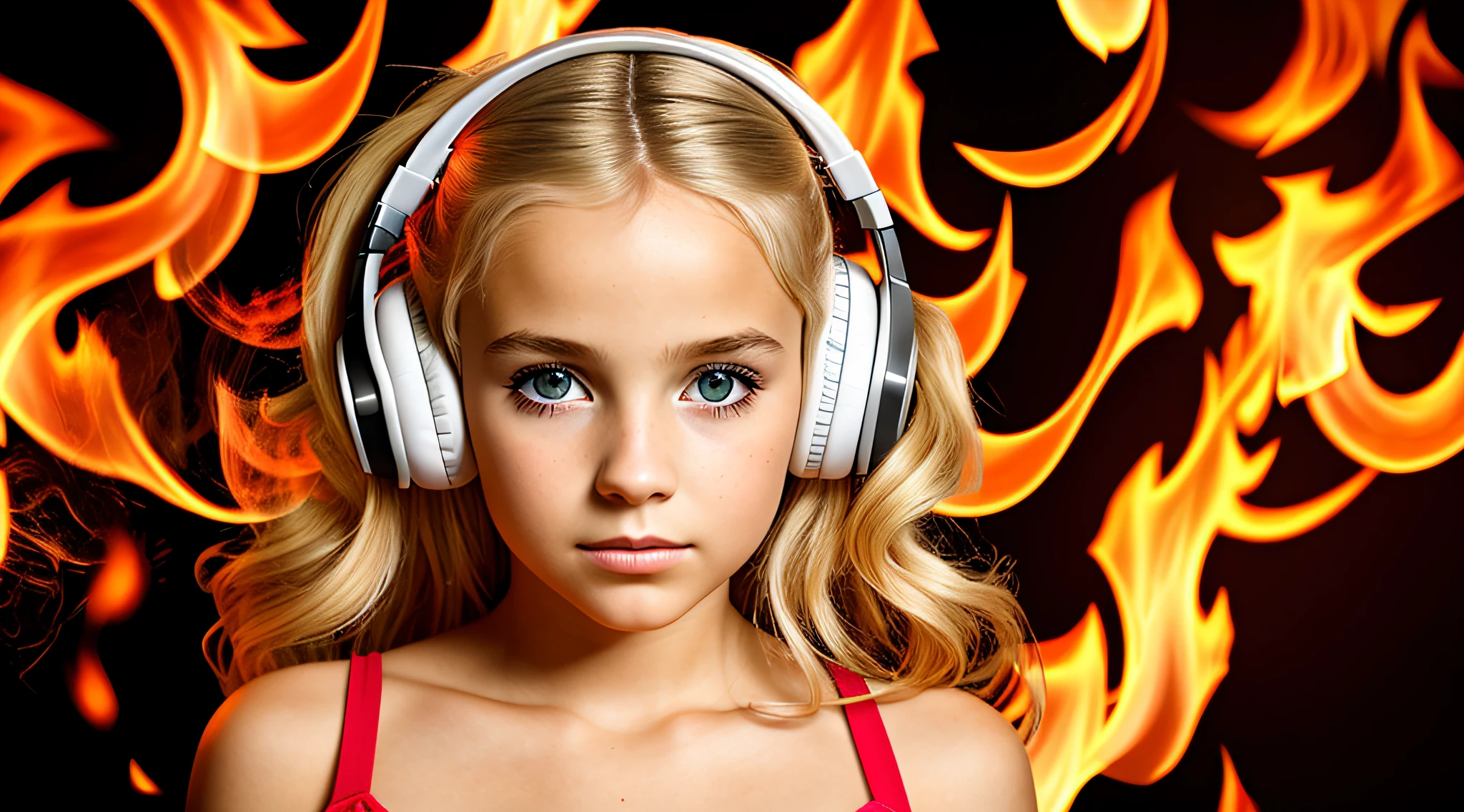 girl BLONDE CHILD, golden eyes, platinum haired girl, there is a woman with headphones and a red background, on fire, flames in the background, flames surround her, fire and flames and smoke, portrait shot, promotional art, red flames in the background, background art, wearing tumultuous flames, flames in the background, closeup portrait photo, Girl wearing headphones, loud music, hair made of fire, music, fiery atmosphere