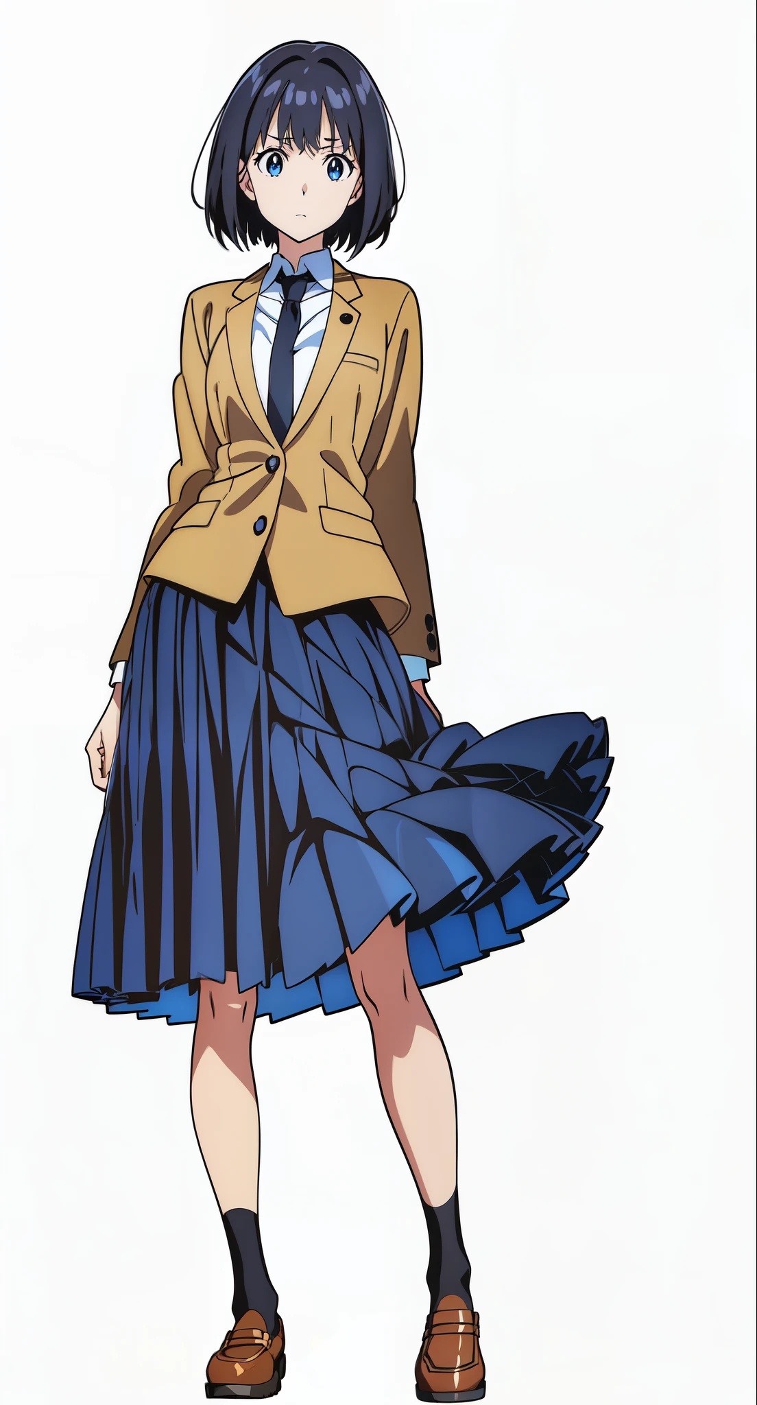(tareme:1.5), (a 18yo cute girl:1.5), (white background:1.0), (anime:2.0), (official art:2.0), (best quality:2.0), (masterpiece:1.0), (full body:1.0), (solo:1.0), (a 18yo cute girl:1.0), (long skirt:1.0), (dark blue skirt:1.0), (pleated skirt:1.0), (school uniform beige blazer:1.0), (dark blue necktie:1.0), (loafers:1.0), (black socks:1.0), (ideal ratio body proportions:1.5), (lanky:1.5), (tall:1.5), (slender:1.5), (small breasts:1.5), (smaller face:1.5), (tareme:1.0), (detailed beautiful eyes:1.5), (detailed beautiful face:1.5), (glowing black eyes:1.1), (bob cut hair:1.0), (black hair:1.0)
