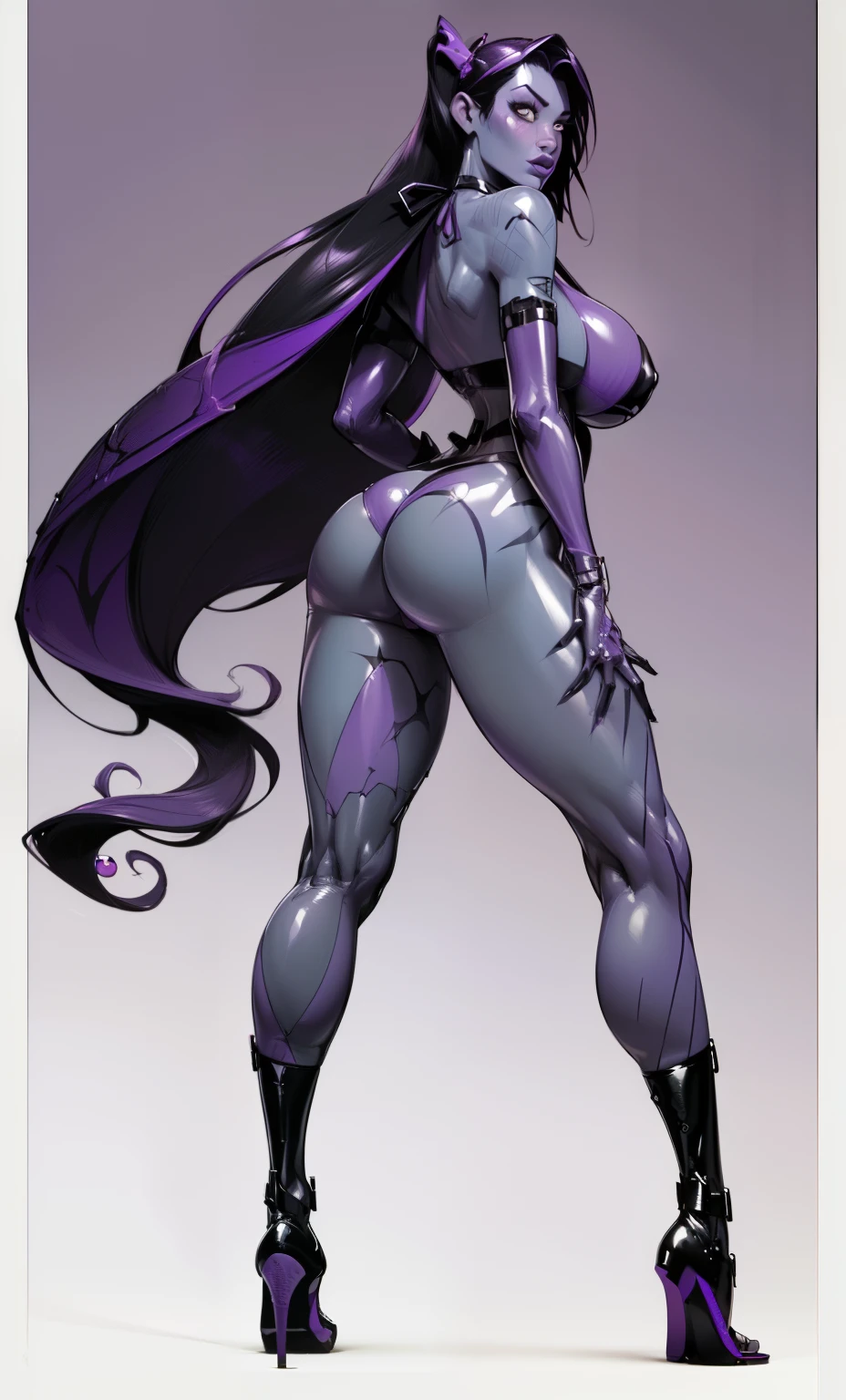 (widowmaker), from overwatch, (purple skin:1.9 ), (((Masterpiece:1.4))), (Very detailed: 2), (Beautiful: 2), (giant breast:1.5), (big, round ass:1.2), ( long dark hair: 1.6, pony tail),((Masterpiece)), Highly detailed, Perfect, (Hanging black latex bikini:1.5), ((Cool color palette:1.3)), (full body view), ((full - body:1.7)), (Bimbo:1.4),