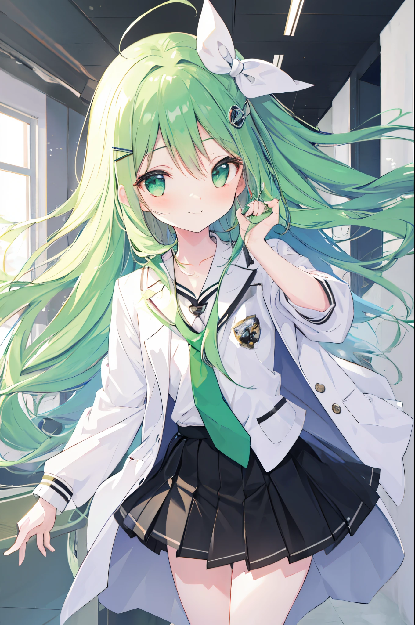 ((masterpiece,best quality)), 1girl, solo, long hair, light green hair, dress, white lab coat, short, black shirt, skirt, black skirt, socks, black socks, standing, anime, cute, flat chest, emerald eyes, hair pin, tie, ahoge, volumetric lighting, dynamic pose, perfect eyes looking at viewer, indoor, laboratorium, portrait, face focus, smile, loli.