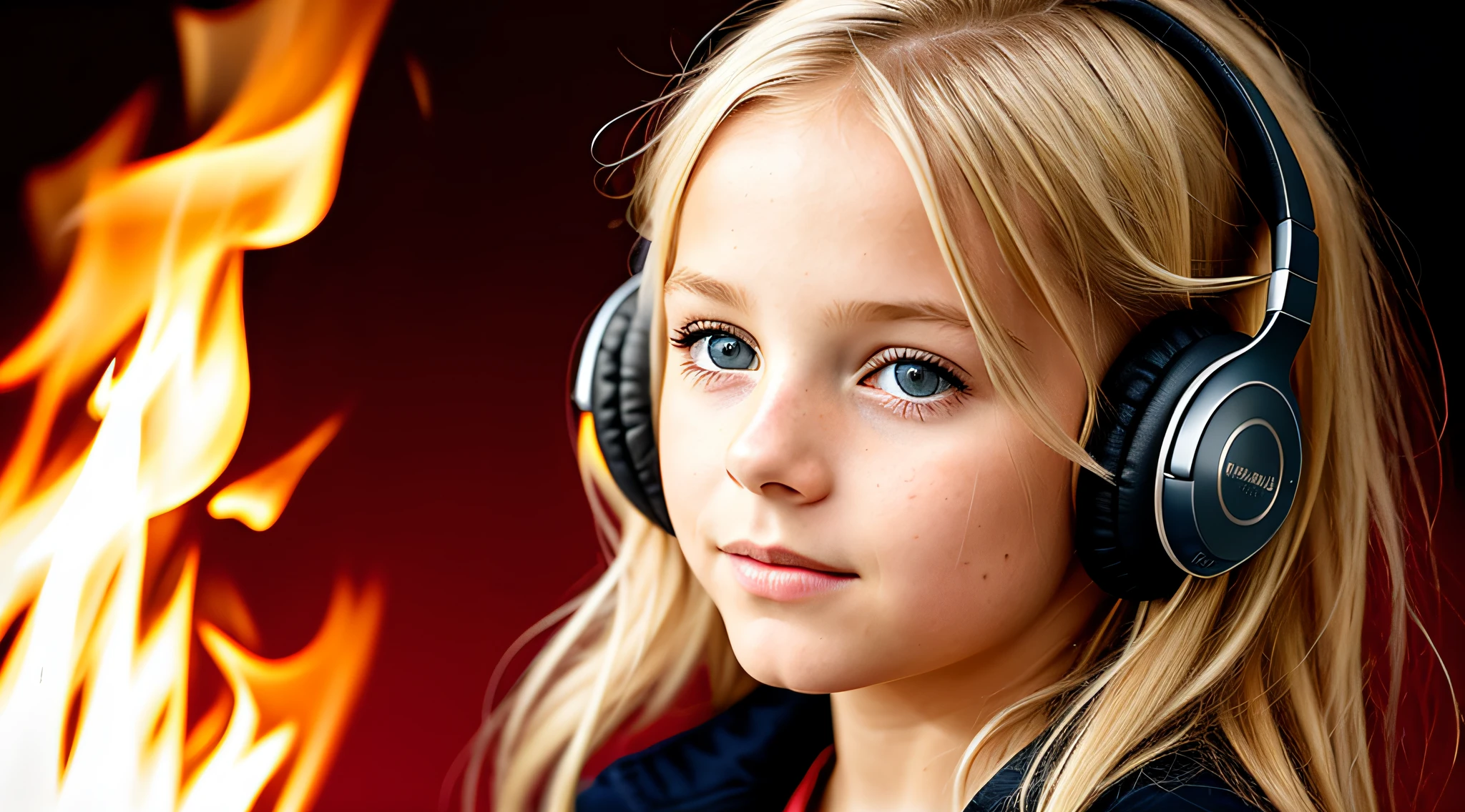  girl BLONDE CHILD, golden eyes, platinum haired girl, there is a woman with headphones and a red background, on fire, flames in the background, flames surround her, fire and flames and smoke, portrait shot, promotional art, red flames in the background, background art, wearing tumultuous flames, flames in the background, closeup portrait photo, Girl wearing headphones, loud music, hair made of fire, music, fiery atmosphere