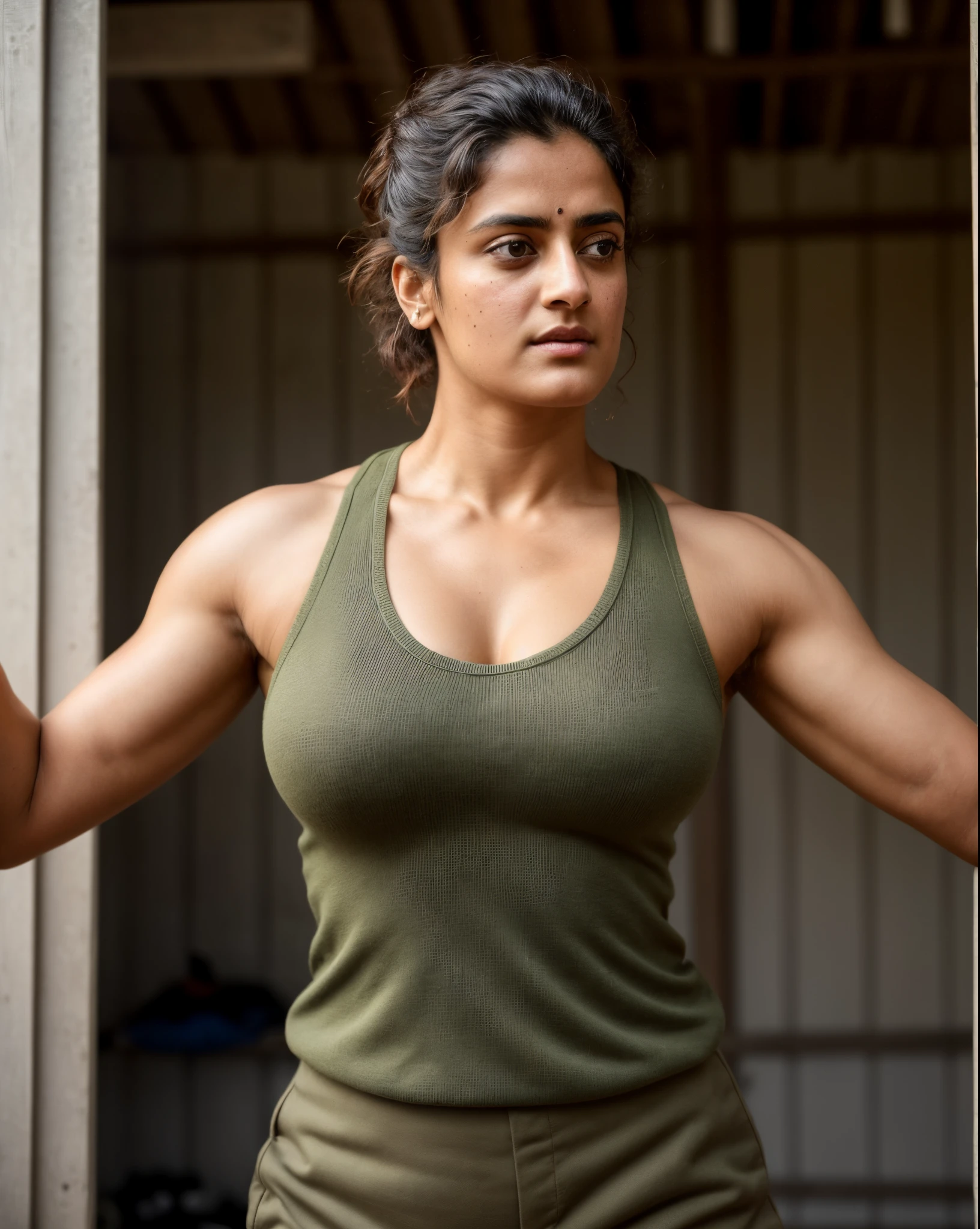 Face of PV Sindhu and Tapsee Pannu, perfect thick dusky Beauty, dynamic lighting, wearing olive green Knit Cami top, She is the combination of  Beauty and power, detailed hairy armpits, super hot cop, mascular Woman doing exercise, full of sweat, sweaty body, sweat, shiny skin, movie stills, cinematic portrait, cinematic Lightning, Highest quality, (dramatic lighting:0.7), masterpiece, high angle shot, perky breast, big tight breast, RAW photo of (pale 45 year old military Special Force woman with short styled hair, mascular woman with heavy physique, looking up at the viewer), cute, Extremely sweat, (wearing sleeveless 
square neck vest, thin cotton ), doing free hand excercise in a military camp in jungle, portrait, perfect face, beautiful eyes, vivid detail, (highly detailed skin), freckles, sfw, (blue tint:0.6), (dirty:0.8), (bloody:0.7), key lighting, (backlighting:0.5), medium depth of field, photographed on a Canon 5D, 50mm lens, F/4 aperture, (hyperdetailed, intricate details), sharp focus, muted colors, 8k, absurdres, 8mm film grain, war photography, perfect eyes, detailed eyes, sharp focus,