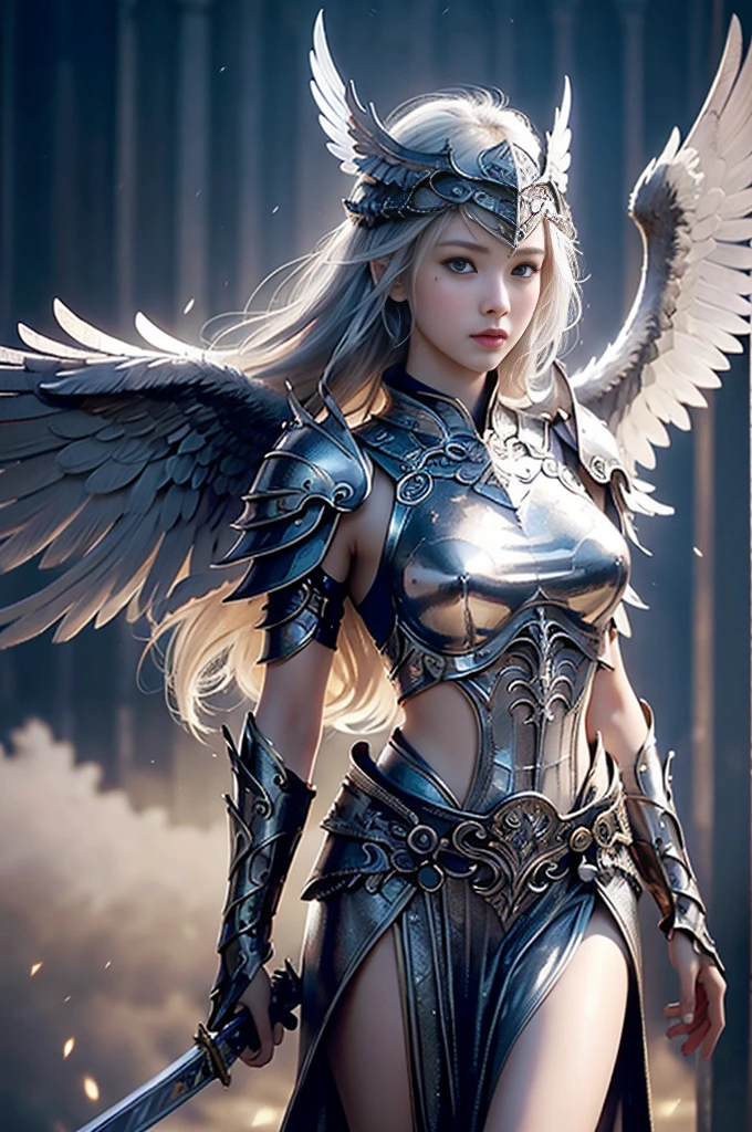 masterpiece, ((1girls, close up shot, Realistic)), Realistic visuals, Artistic customization, Attractive beauty, Amazing contrast, 8k wallpapers, absurdity, unbelievably ridiculous, valkyrie, beautiful armor, wings, (Holding a silver sword.)), I was in the air., ((bestquality: 1.5))