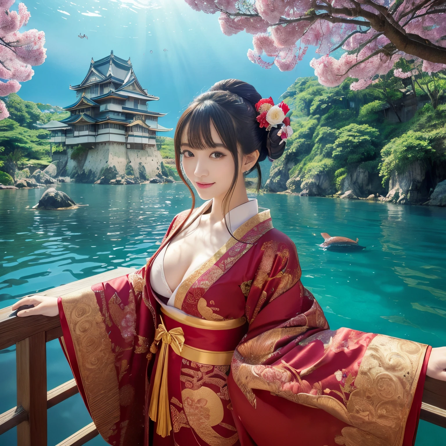 ((top-quality、masutepiece、8K、Top image quality、Very complex and detailed details))、(One princess、one otohime、wearing a very luxurious robe、gorgeous and beautiful coat、Japanese style luxurious kimono、Perfectly reproduce Otohime&#39;s costume、Luxurious furisode、Gorgeous Flowers)、((The background is Ryugu Castle, which is very complex and detailed.、Beautiful Niwa-lacquered pillars、luxurious Japanese style door、A gorgeous red and gold castle、The most luxurious Ryugu Castle、Perfectly recreating Ryugu Castle from Japanese folk tales、Castle under the sea、Ryugu castle under the sea、A sea turtle is swimming in the sea、The princess is standing at the entrance to Ryugu Castle.)))、(View me、smil、a smile、photo of her upper body、Perfectly reproducing Ryugu Castle under the sea)