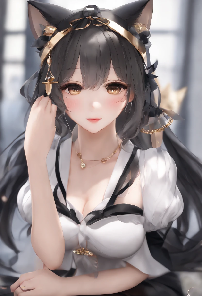 (8k, RAW photo, best quality, masterpiece:1.2), london (azur lane), fantacy_world, 1 girl, (aegyo sal:1), cute, aged down, (Jpop_idol), detailed beautiful skin, huge breasts, huge butt, animal ears, black hair, cat ears, grey eyes, short hair, sad hand on own face,  (photorealistic:1.8), focus_on_face, looking down, arm up,  sunny milk, professional lighting, photon mapping, radiosity, physically-based rendering, daytime, outdoors,