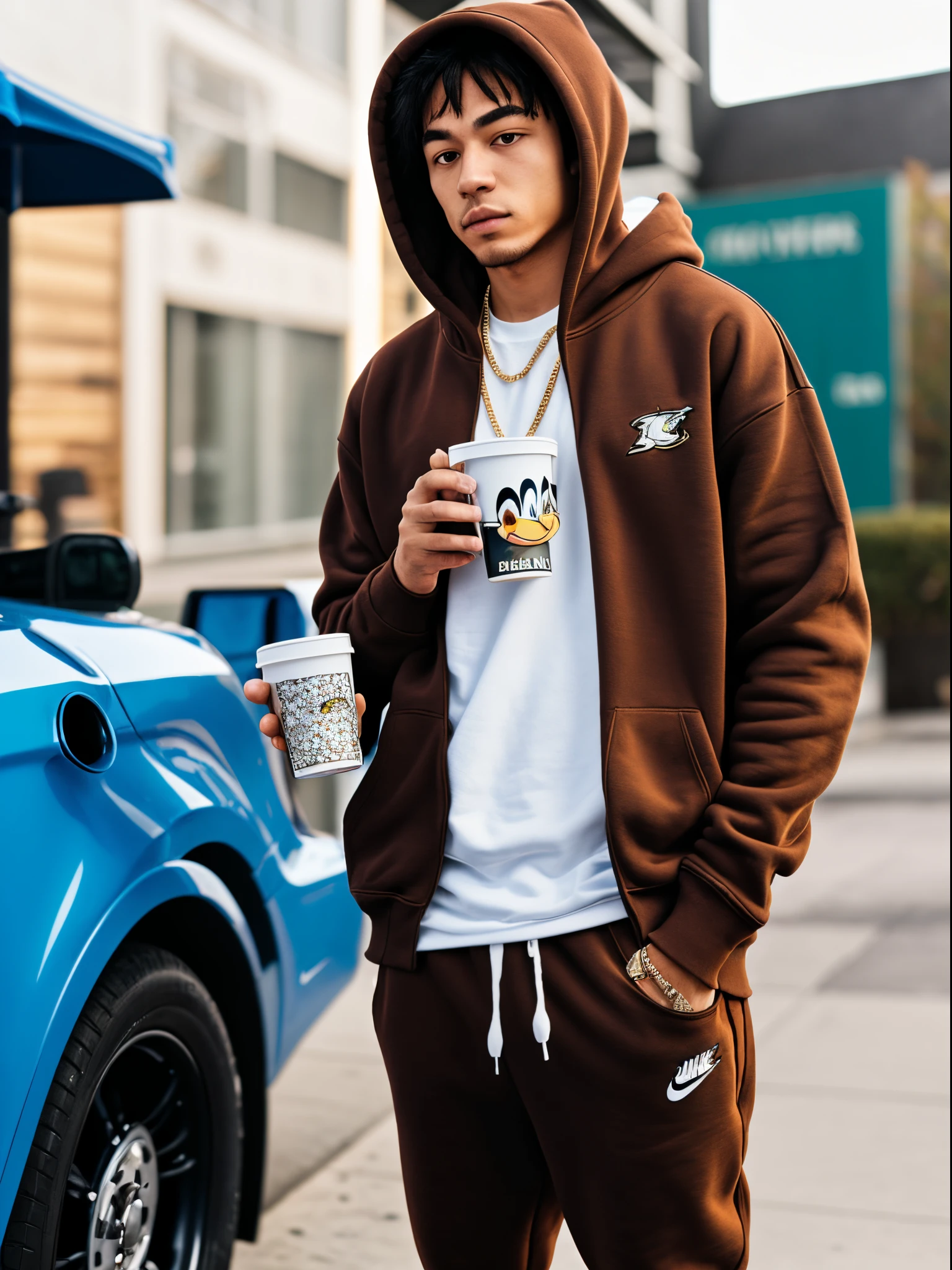 Donald Duck, with a cup of lean in his hand, wearing 2 diamond chains on his neck, and wearing a brown Essentials hoodie with black  Nike sweat pants, and Yeezy slides