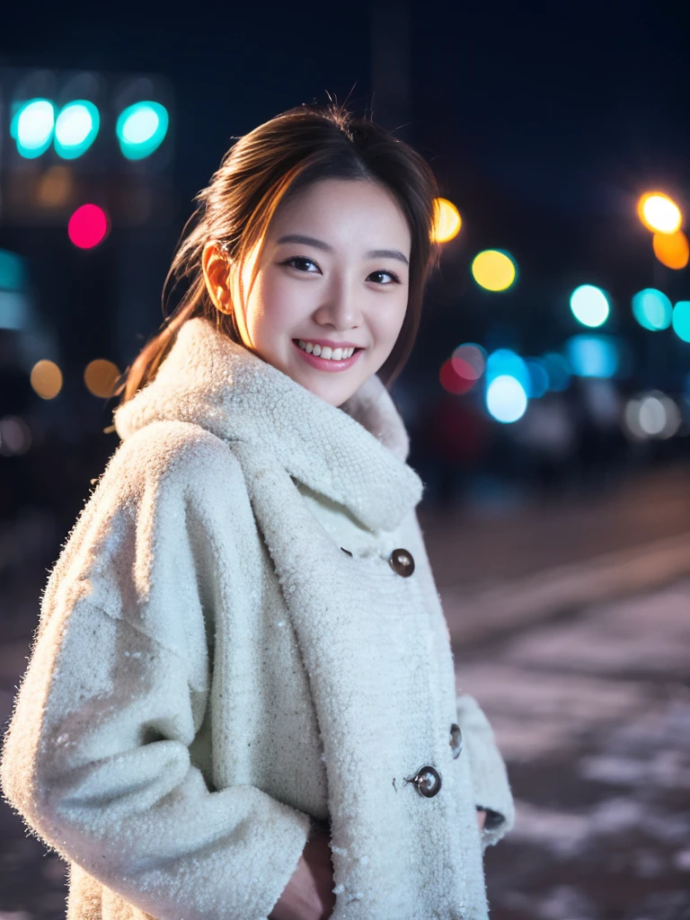 8K、Raw photography、realisitic、(high-detail、top-quality:1.2)、Beautiful Women in Perfect Style、Big, Exclusive coat、Thin sweater、Snowy night city、lightsmile