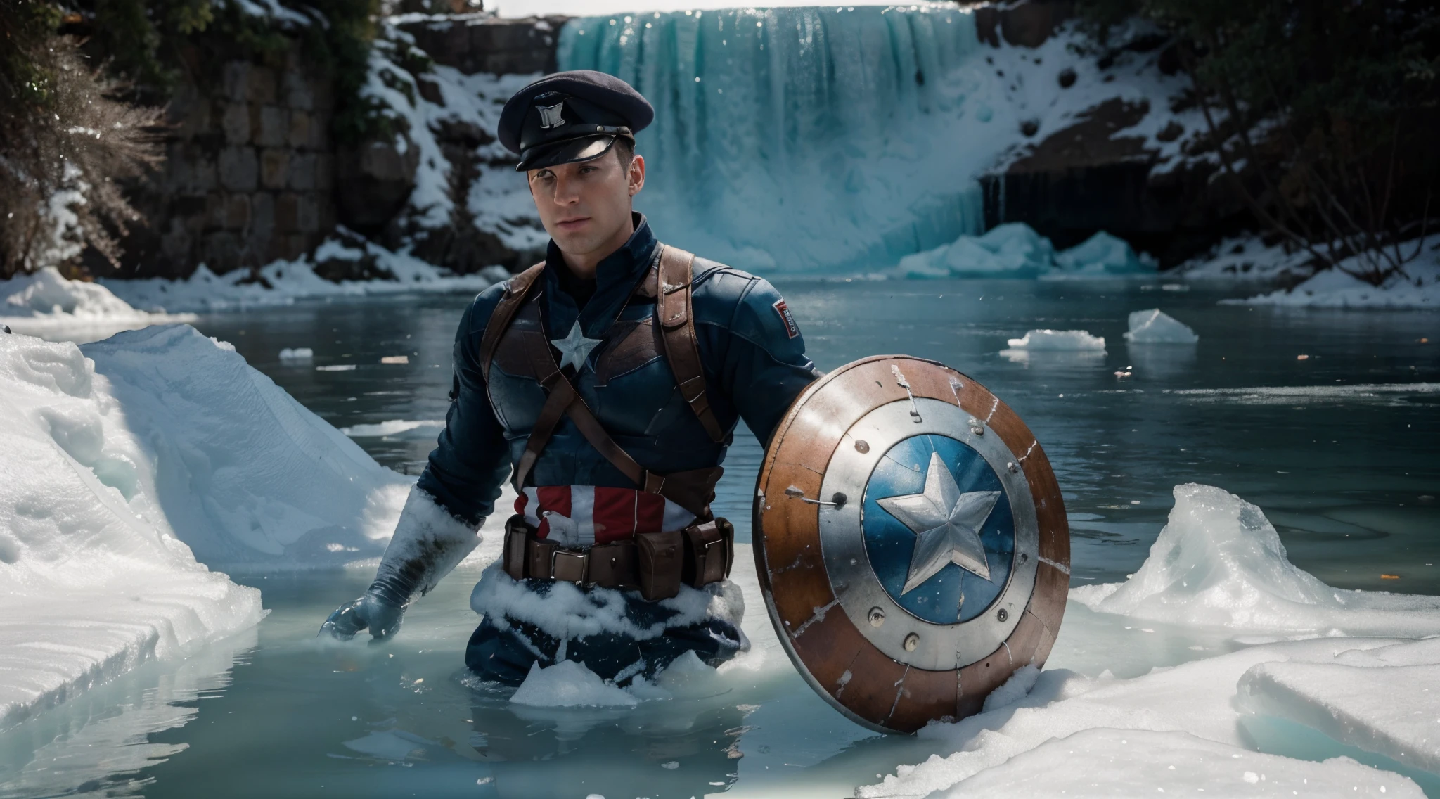 Image of Captain America frozen in a block of ice, hibernating lying down, during World War II. He is wearing his classic uniform of the era, complete with his battle shield. The scene should convey the feeling of preservation on ice, with visible details of the costume and shield. The setting should reflect the WWII period, with attention to historical details, with tons of tangerines and muted colors. The image must be detailed and have 8k resolution.