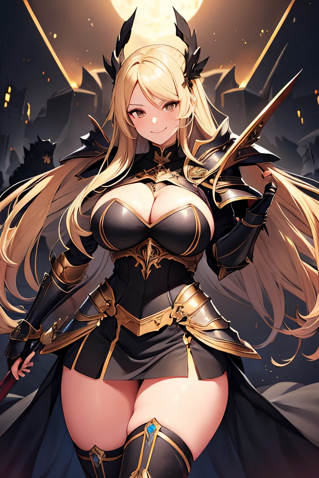 woman, pretty face, dark blonde long hair, brown eyes, black armor, cleavage, black skirt, holding two swords, smiling, sure, busty, large thighs, heavy armor, breastplate,