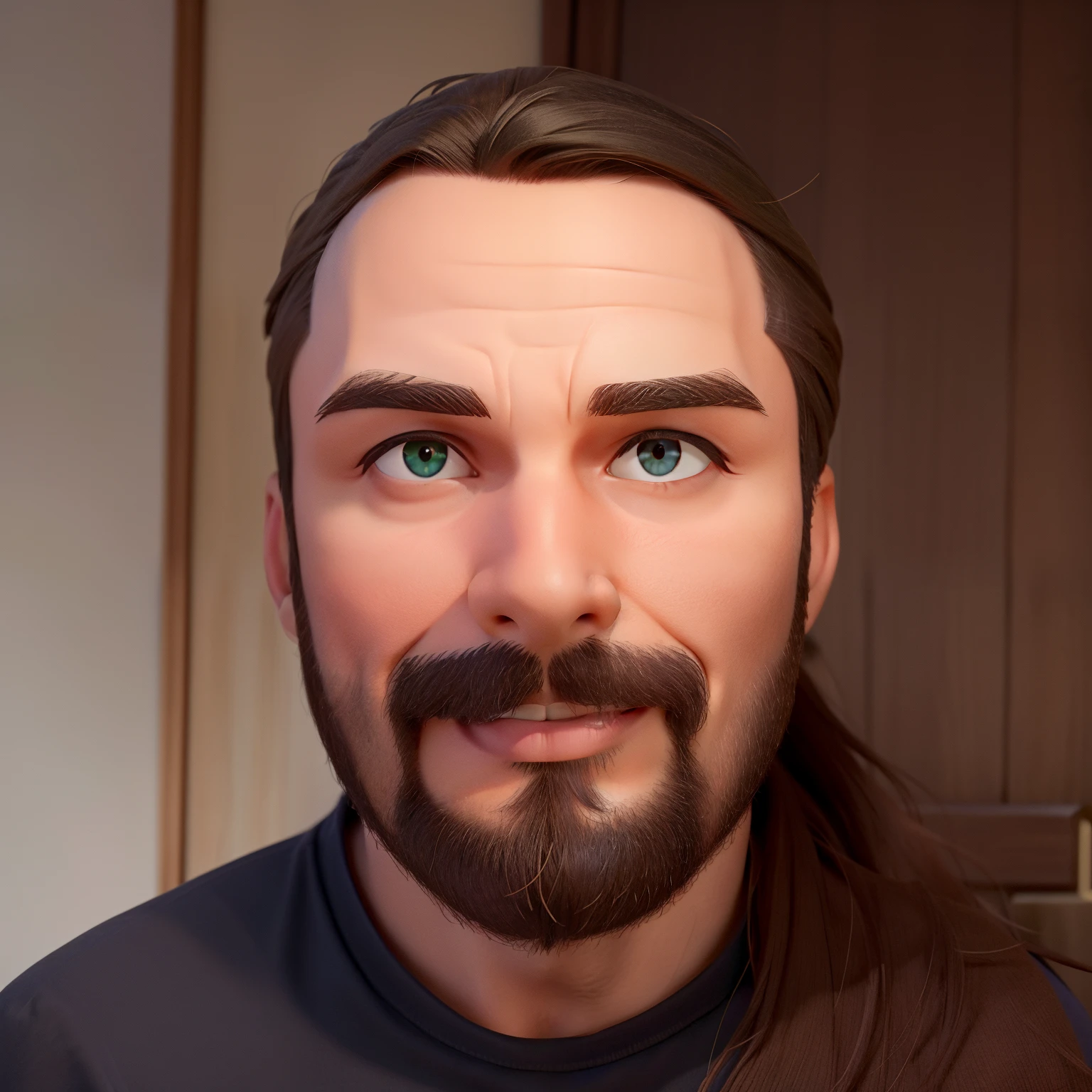 homem no estilo disney pixar, alta qualidade, melhor qualidade. Cabelos pretos, sorriso, cabelos comprido preso, com barba no rosto, roupas de conto de fadas, olhos verdes escuros olhando para o centro da foto, fundo de castelo desfocado