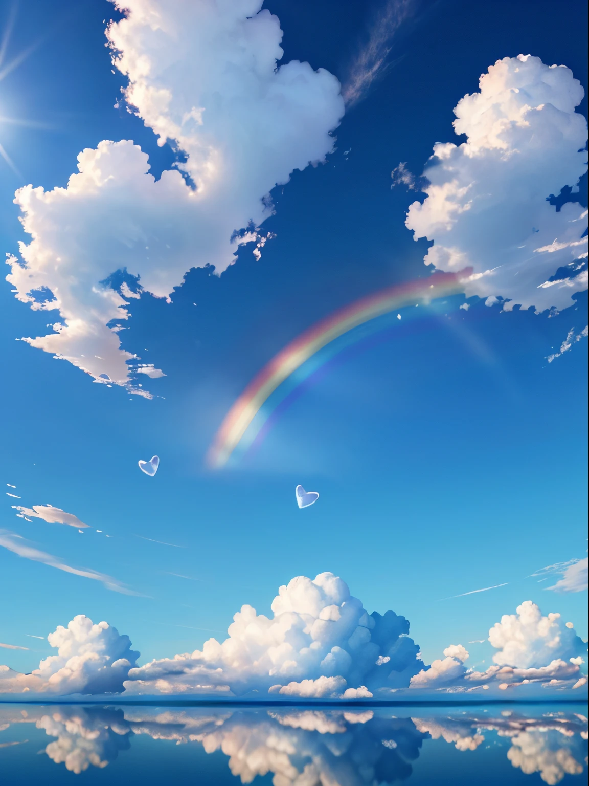 Cloud of Hearts , landscapes , mare, blue-sky , Rainbow clouds , ​masterpiece, top-quality, (extremely detailed CG unified 8k wallpaper) (top-quality), (The best illustrations), (best shade)、Super Meticulous, blue-sky、Variety of clouds、Wonderfully beautiful、nostalgic、Reflection of the Sun、Natural colors、Scenic、Autumn sky、Make blue the basis