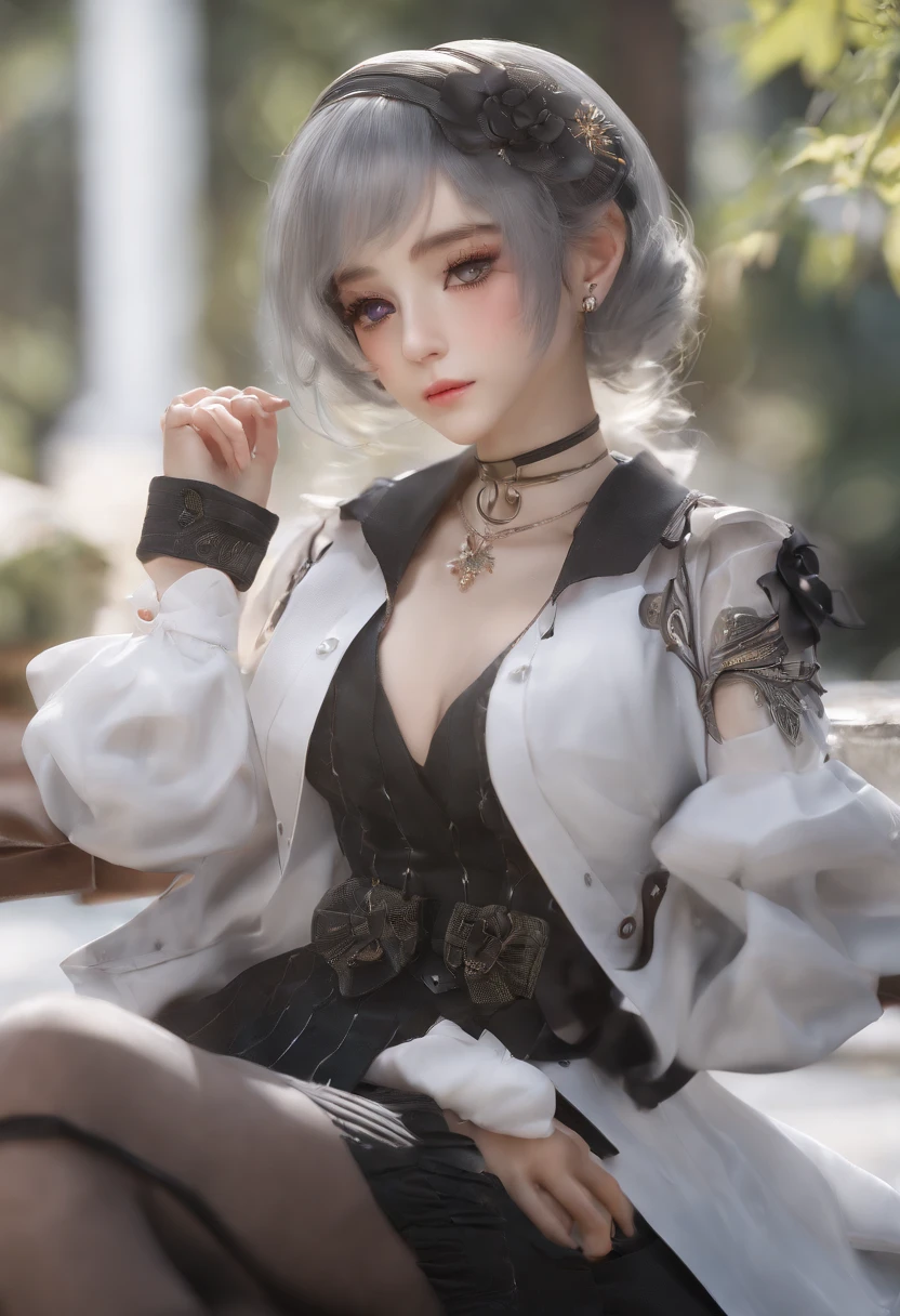 Full body, (8k, RAW photo, best quality, masterpiece:1.2), london (azur lane), fantacy_world, 1 girl, (aegyo sal:1), cute, aged down, (Jpop_idol), detailed beautiful skin, huge breasts, huge butt, black hair, cat ears, grey eyes, short hair, sad hand on own face,  (photorealistic:1.8), focus_on_face, looking down, arm up,  sunny milk, professional lighting, photon mapping, radiosity, physically-based rendering, daytime, outdoors,