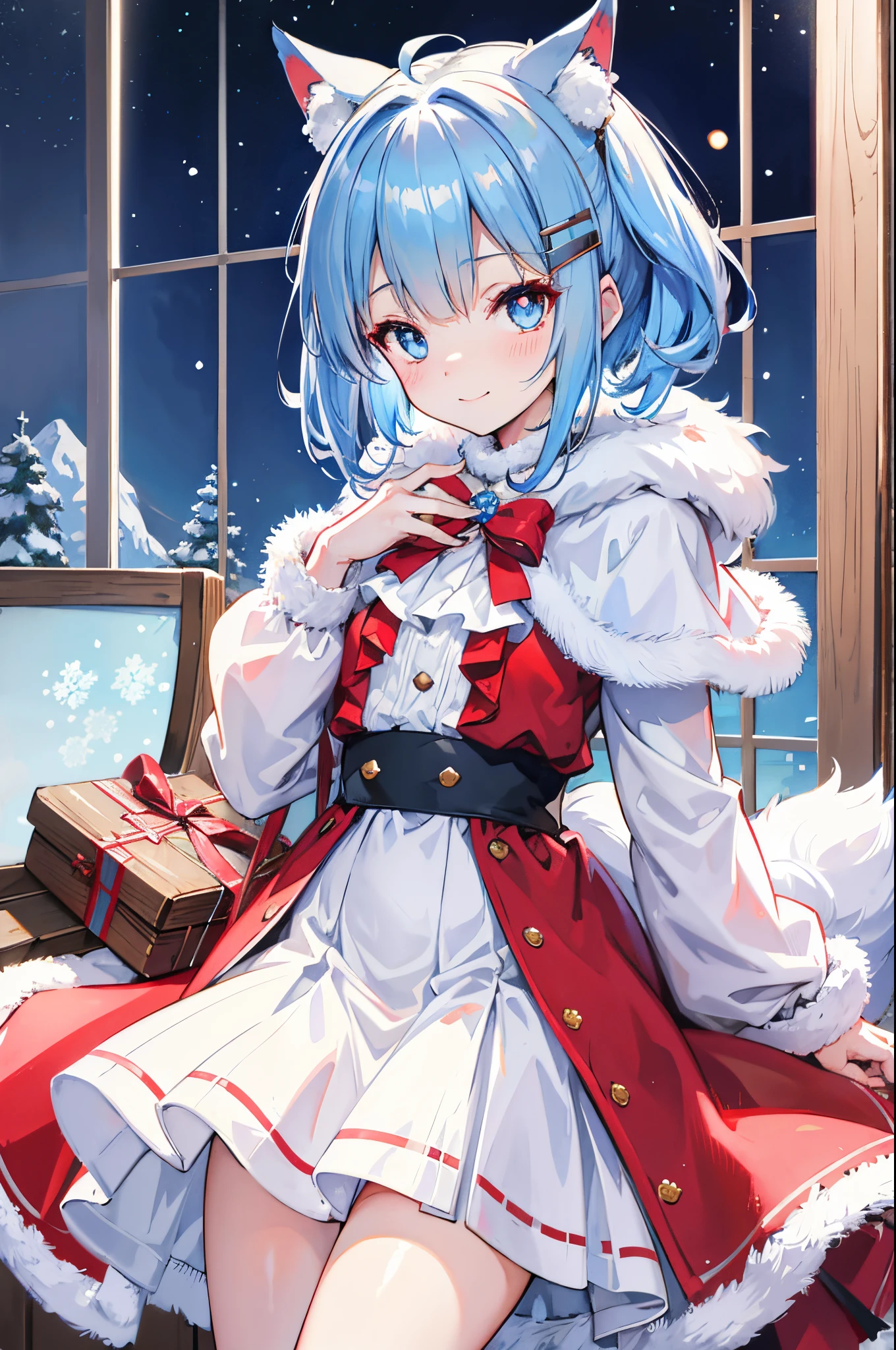 (masterpiece, best quality:1.1), light blue cat ears, light blue hair, blue eyes, anime, cute, asashio (azur lane), short hair, side pony tail, hairclip, flower brooch, blue ribbon, teen, small breast, ahoge, solo, looking at viewer,  red christmas dress, solo, snow, winter, christmas, smile, wide sleeves, long sleeves, red capelet,  fur trim, wood cabin, blush, holding a gift, fur glove