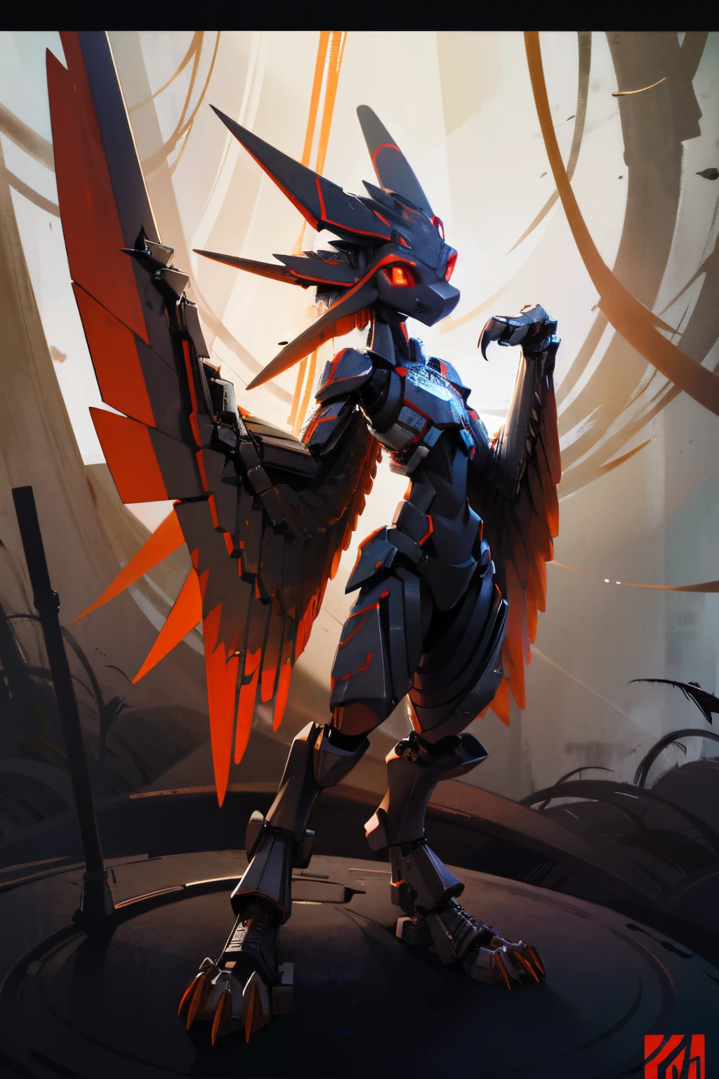Tall black Avali, glowing red eyes, mechanical body, animatronic, high quality image, masterpiece, arm wings, metal claws, predatory stance, Avali, dark, ominous, dark forest background, black wings, skinny, long arms, long legs, far away, 2 arm-wings, 3 fingers, claws