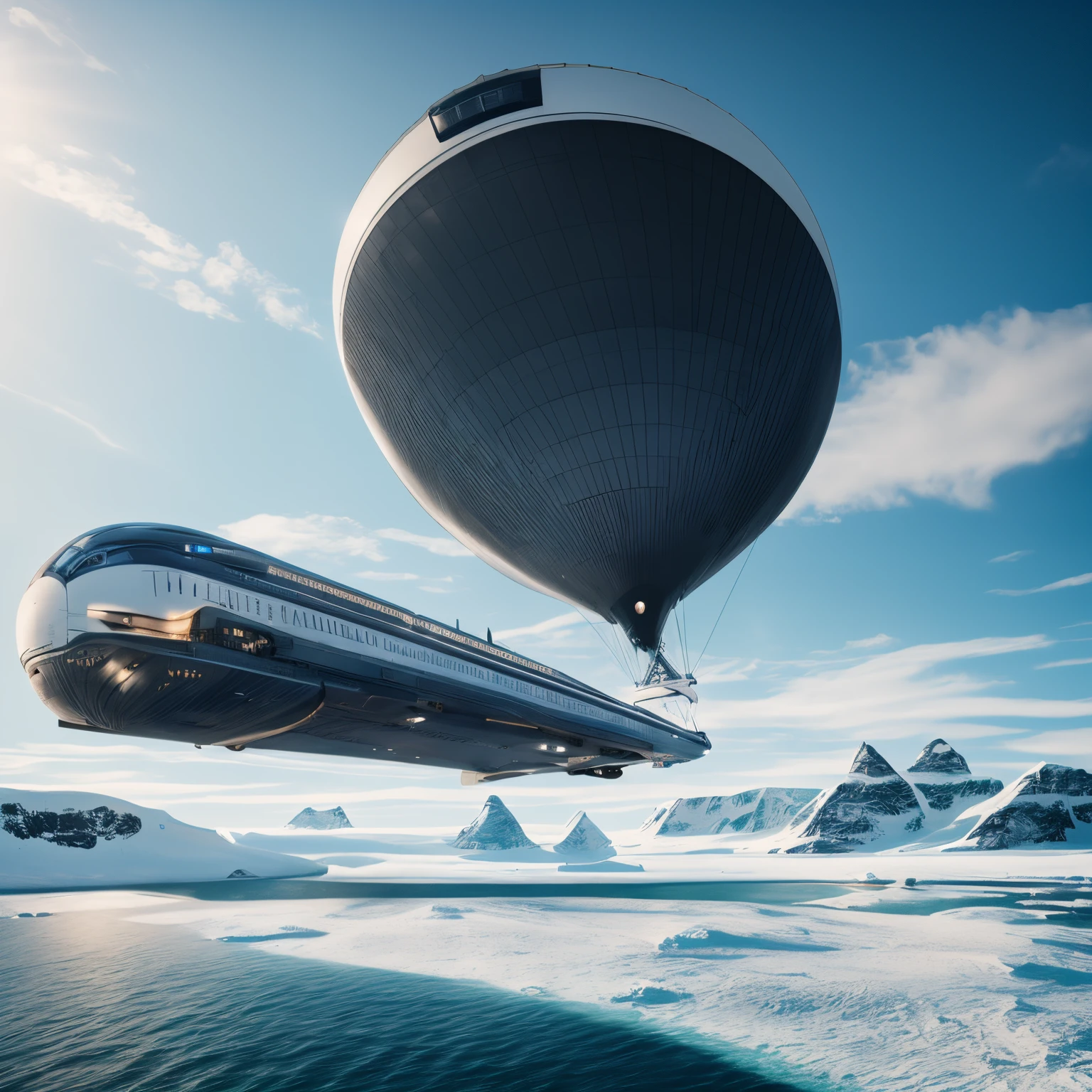 (Best Quality,Photorealistic),(Futuristic,hi-tech:1.1),(panoramic perspective view, 20mm lens), White large airship of the 19th century over Antarctica, A very dynamic scene, cinematic ambient, Epic