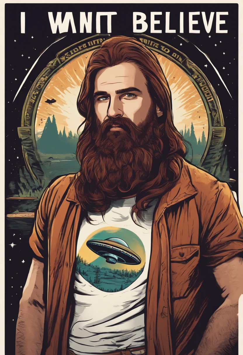 A selfie of the character wearing a custom-made t-shirt with a print of a UFO and the words 'I Want to Believe' on it.,original,Waifish, dirty, long hair, long beard, dressed in dirty ill-fitting clothes