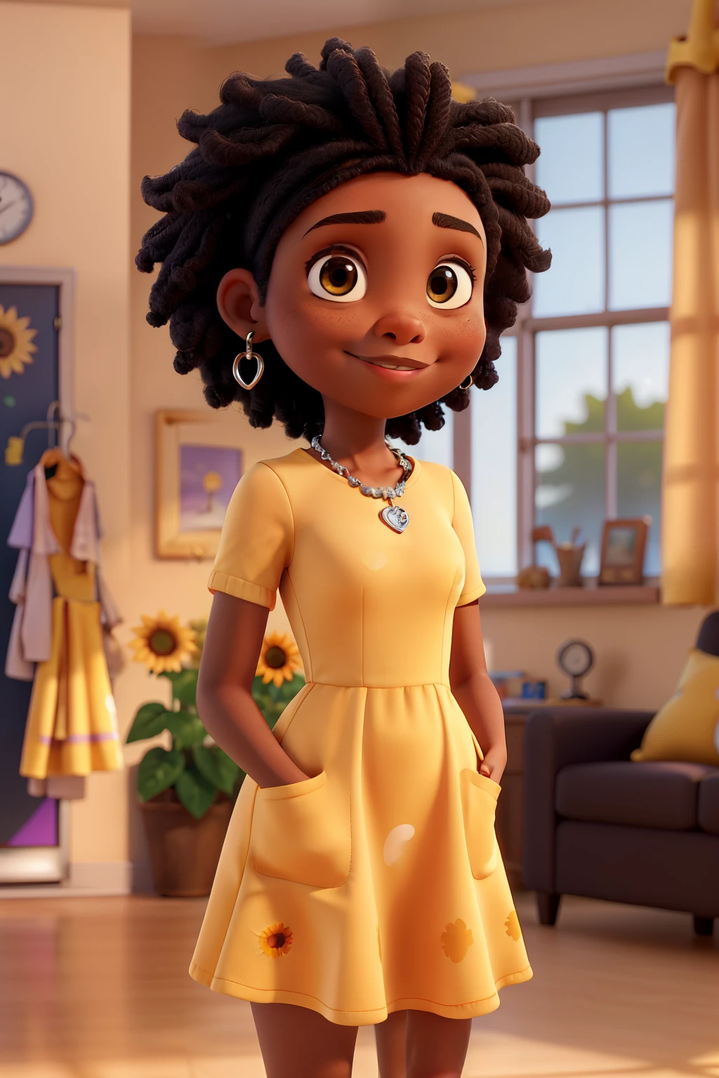 A black-brown girl is taking a mirror selfie at her wardrobestanding up. She has yellow sunflower phone case in her hand. Her black hair is slicked back in a puff at the back of her head while her head is slightly turned. She is wearing a plain orange elbow sleeve tight dress with a silver necklace with a little heart. The sunflower phone case covers her nose and half of her lips. Her hair has styled edges. She is a disney Pixar 3D animated characterA 17 year oldn girl is taking a mirror selfless. She has yellow sunflower phone case in her hand. Her black afro hair is slicked back in a puff at the back of her head while her head is slightly turned. She is wearing a plain orange elbow sleeve tight dress with a silver necklace with a little heart. The sunflower phone case covers her nose and half of her lips. Her hair has styled edges. Her background is a purple room with a television behind her to her right shoulder and a orange long sunset painting peeking through behing her slicked puff hair She is a Disney Pixar 3D animated character.