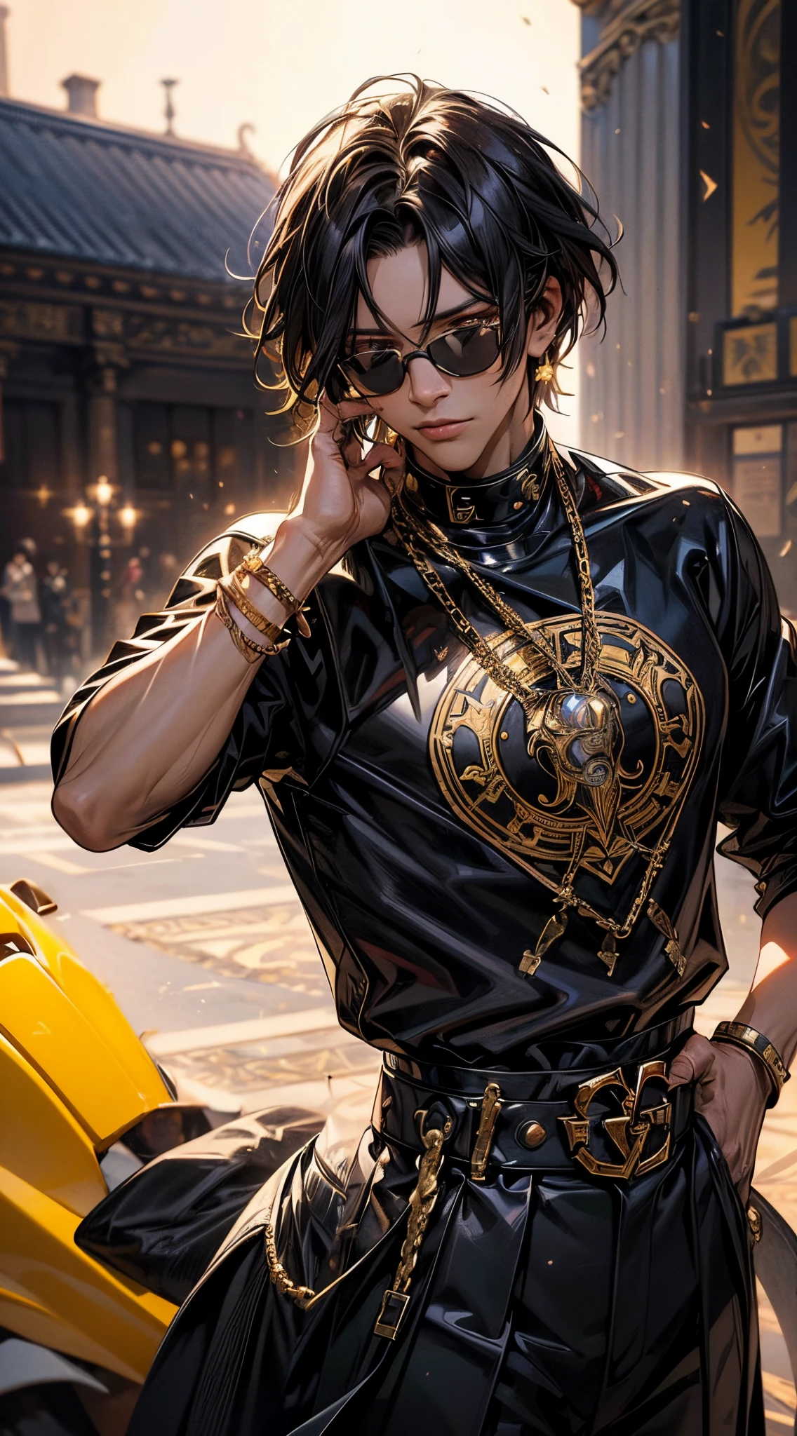 The most gangsta anime girl wearing apex gold and obsidian colors, metal luminance, metal golden pleated shimmer and crystal shine, black and yellow you what it is, art deco and art nouveau in this house, queen of kings, the most royal  out there, background of shimmering golden scales and plated black roses raining down like a moving wallpaper, masterpice in HDR, high exposure and cataclysmic contrast, high octane gameplay big  energy lets go