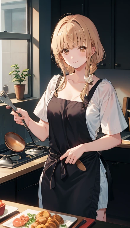 1girl in、A smile、Cooking in your room、barechested、Wearing only an apron, Mahiru, Shina Mahiru, cooking, blonde hair, wife,