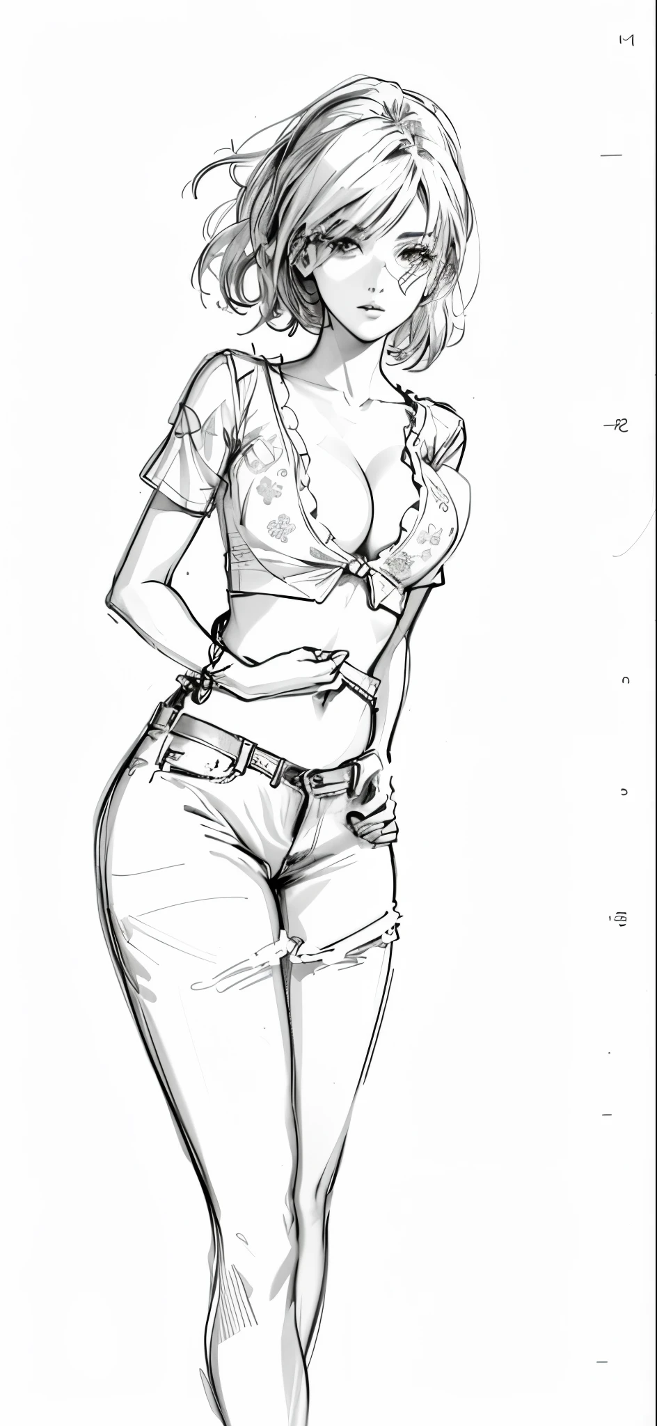 a drawing of a woman in jeans and a top holding a flower, thick outline, thick outlines, outline sketch, pinup body, realistic proportions sfw, pinup pose, girl sketch, inked digital, lowres, loose pencil sketch, sketchy artstyle, line sketch, detailed but rough, hand on hips, sketched, rough sketch, old sketch, digital sketch, mid body portrait