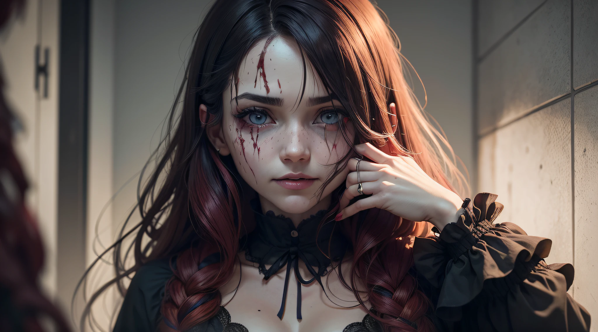 Highest quality, masterpiece, look up, cute,(Horror),(((Beautiful zombie girl))),Dead,Trying to bite,(((Bleeding,Injured))),(((Shedding tears of blood))),((口からBleeding)),((Covered in blood)),((Bitten all over the body)),((Sexy)),(sexy),((Small breasts)),Baby Face,(Middle school students),Black Hair,((Masturbation)),(((Blowjob))),(((Sex,sexual behavior))),Beautiful Style,(Lower body exposed),((Pale skin)),Sensual look,Embarrassed,Sexy表情,Expressions of delight,(Dark atmosphere),(Dark atmosphere,fear),((Dim lighting))