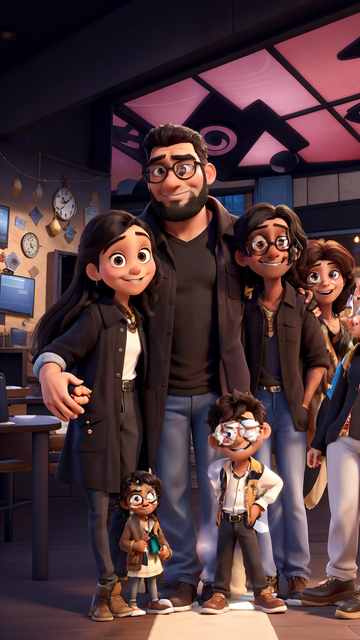 Short brown Indian girl on left with long hair , long black dress leaning and hugging a big tall guy wearing a black Burberry jacket with a black polo shirt under, with his arm around the girls waist. Boy has Cartier sunglasses, hes wearing jeans with a stern look on his face. The girl on left is smiling with no teeth. They are in a club, they are Disney Pixar 3D animated characters