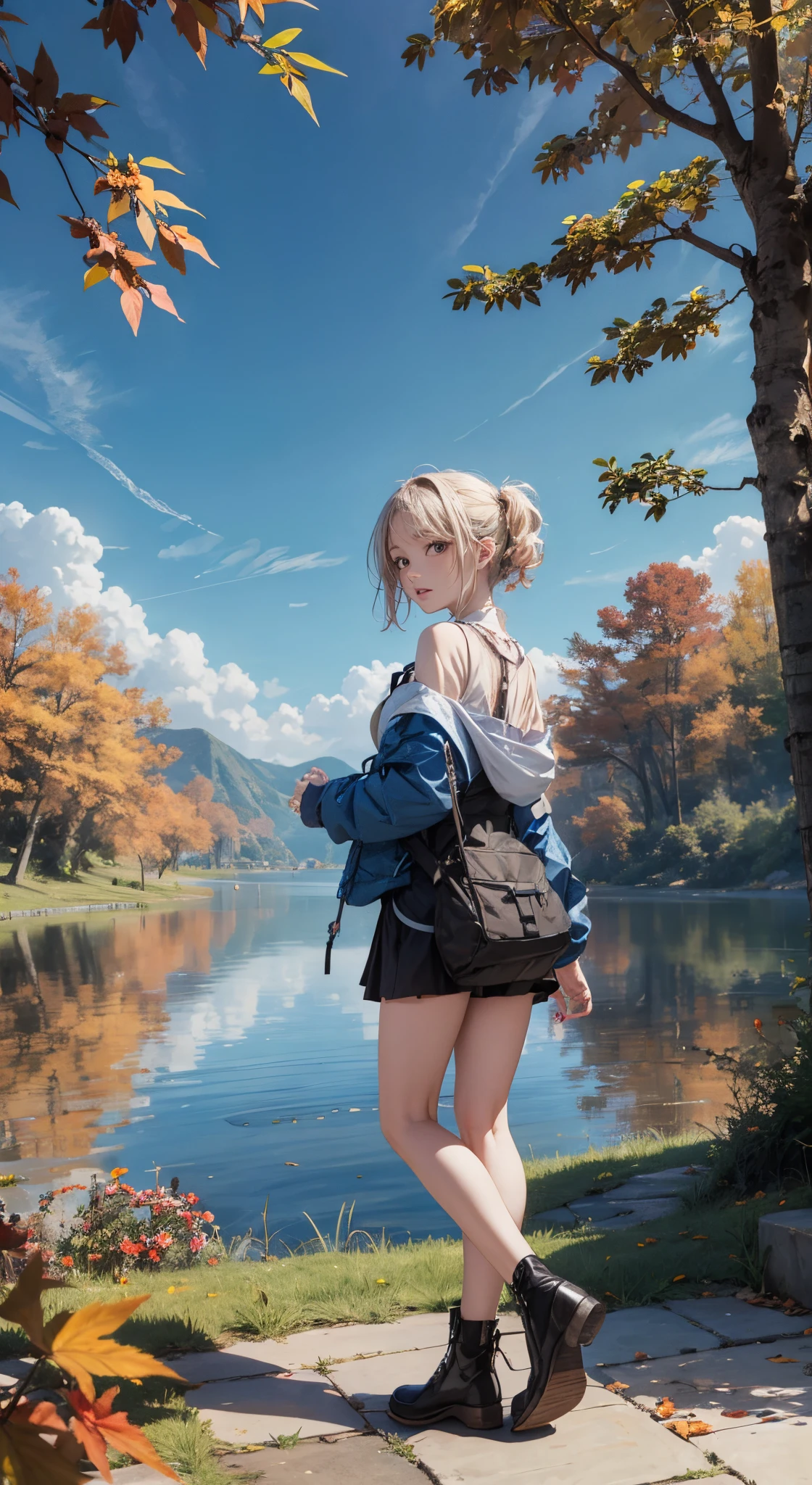 anime girl, white bikini, forest, backpack, sitting on bench --auto --s2