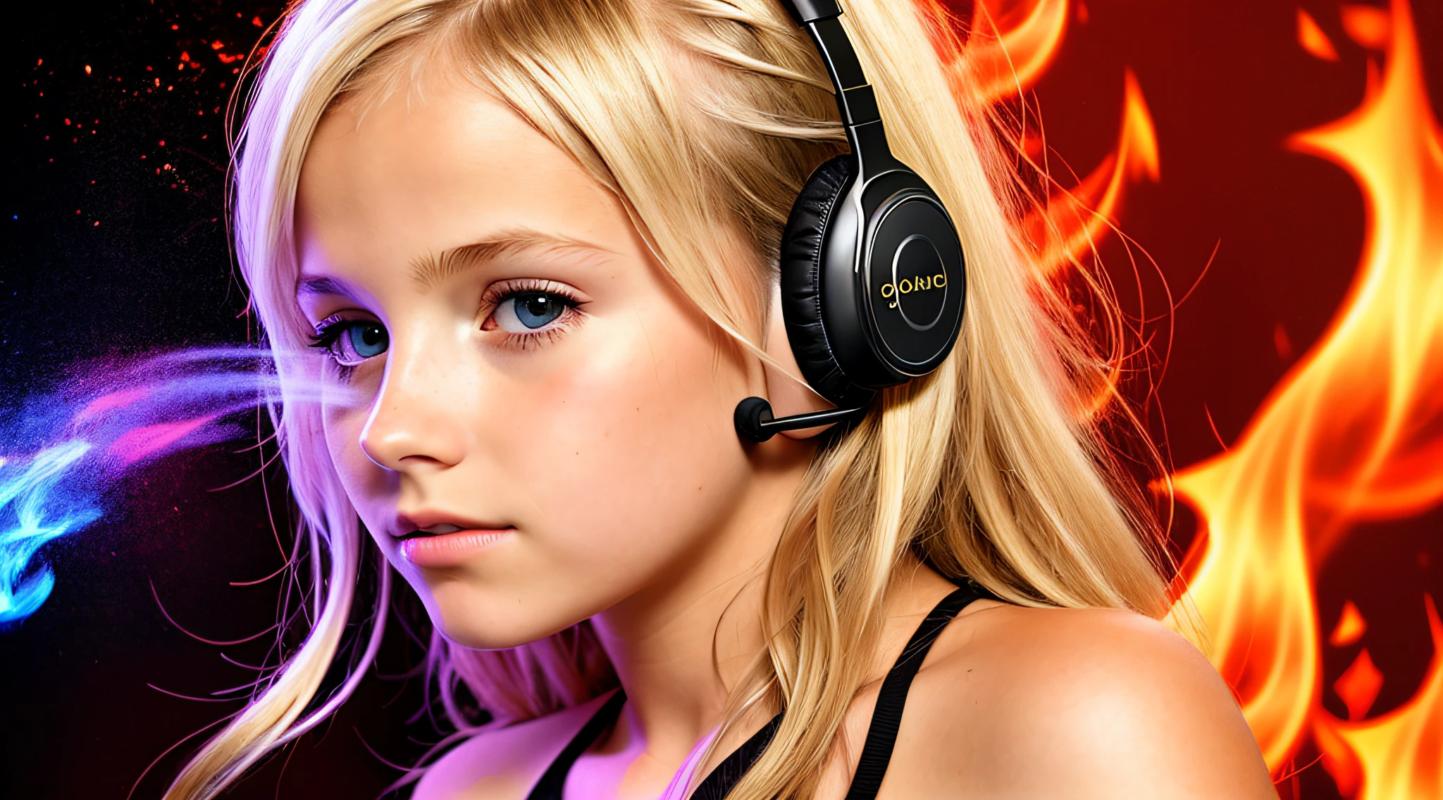 Russian child girl blonde long hair straight, put on headphone jack and change into a cyberpunk yellow coat but do not change the face, yellow background. --auto --s2