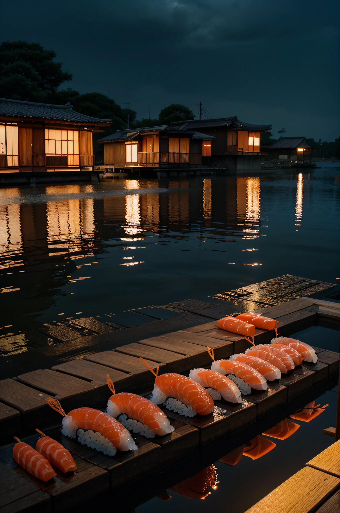 illustration, style japonais, sushis sur l'eau, eau with orange reflections, Images HD, 4K,