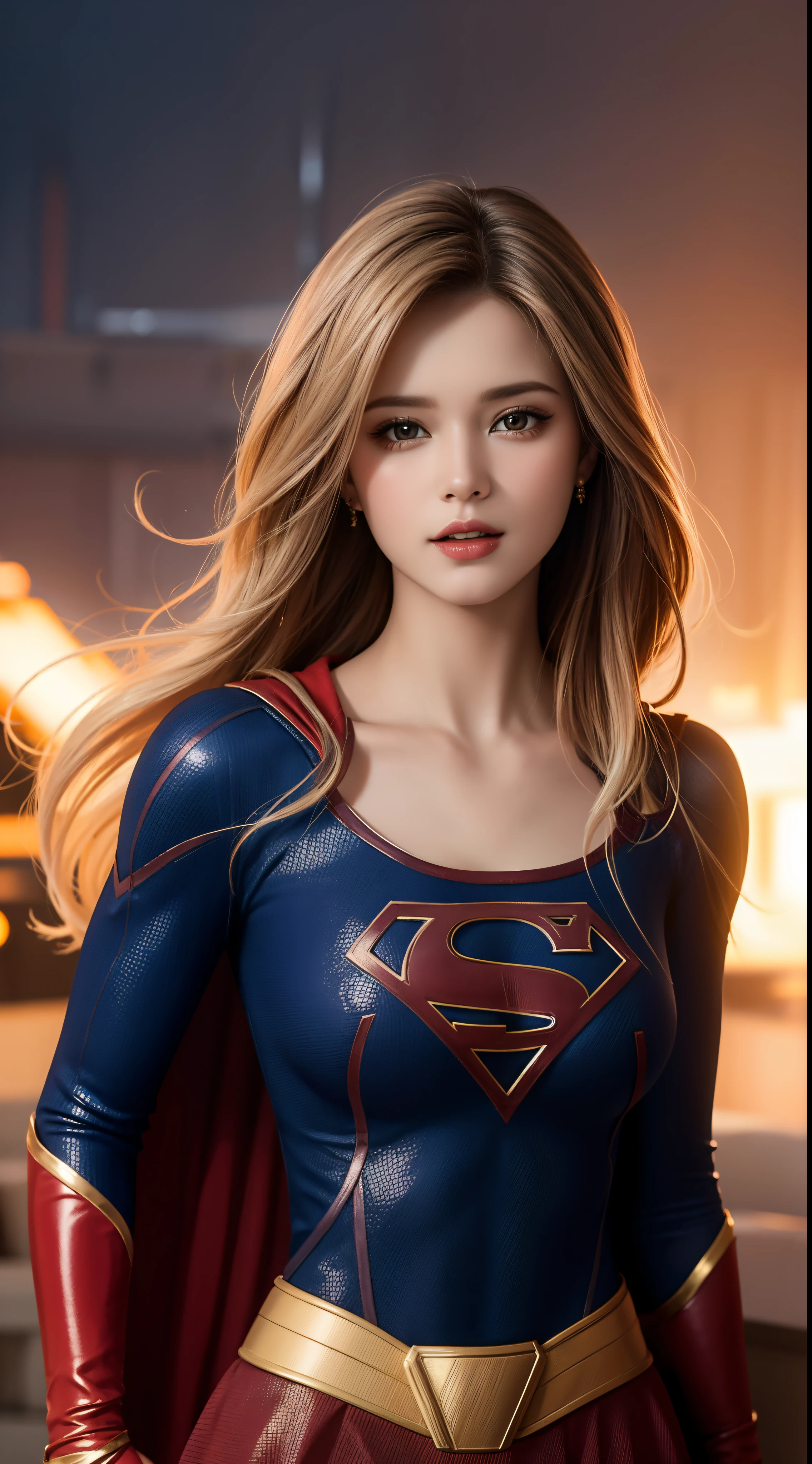 high cinematic quality, fotografia profissional, cena de fantasia, Supergirl stopping a missile, supergirl usa terno preto e dourado, terno sexy,com uma camada flutuante e um "s" No peito. Totally sexy in sensual dynamic pose, Fantasia Sexy Supergirl .