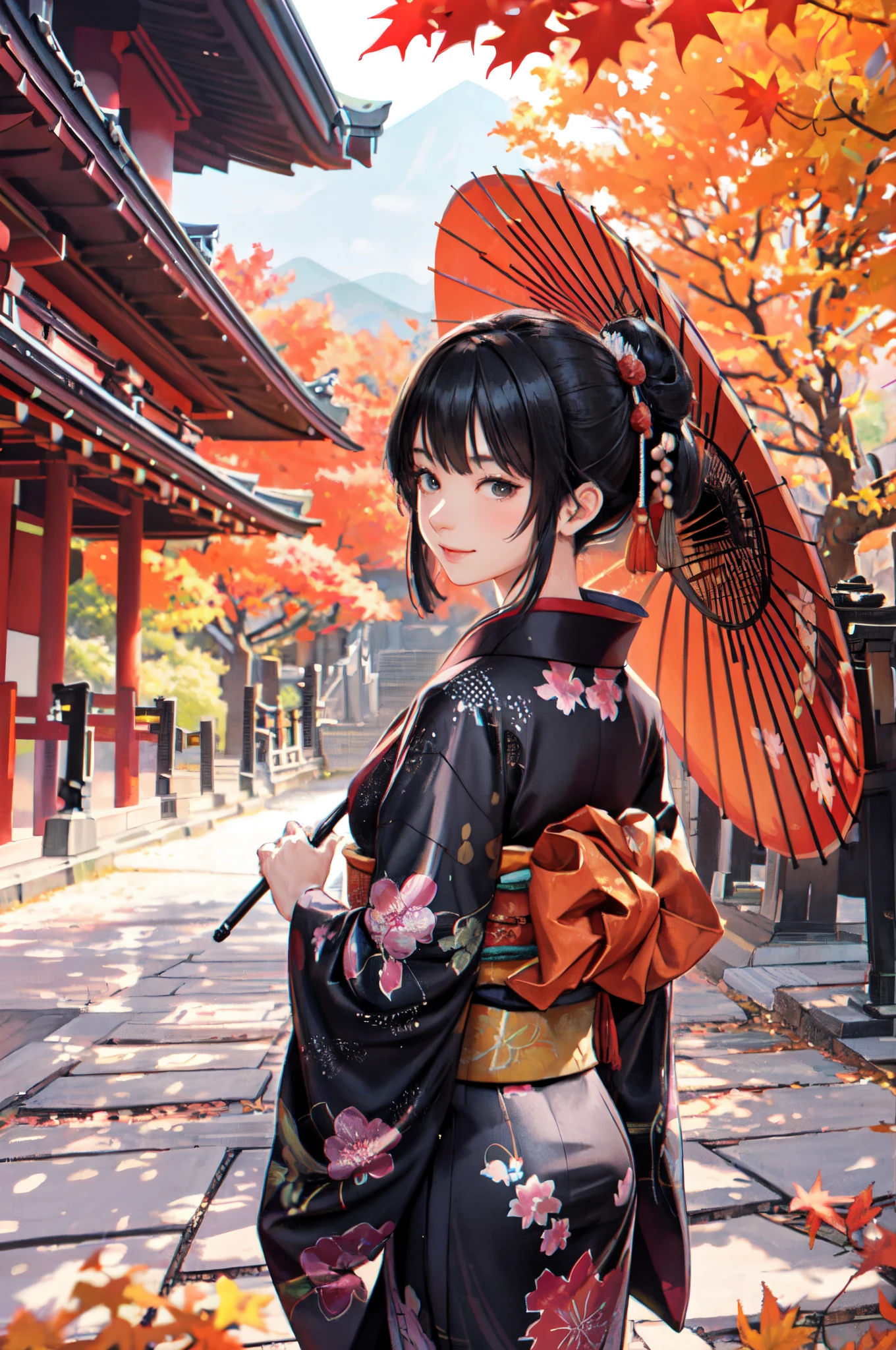 1lady standing, (looking back from behind), /(colorful kimono/), mature female, /(black hair/) bangs, light smile, (masterpiece best quality:1.2) delicate illustration ultra-detailed BREAK holding a Japanese umbrella BREAK /(Japanese shrine in Kyoto/), /(trees autumn foliage/), /(bricks road/)