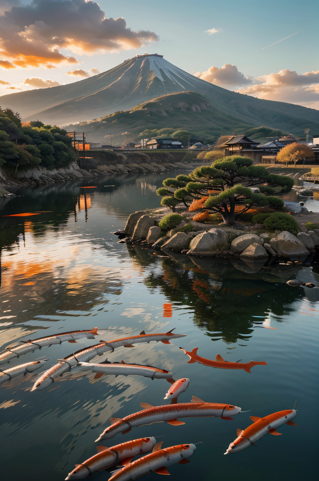 illustration, style japonais, sushis sur l'eau, eau with orange reflections, Images HD, 4K,