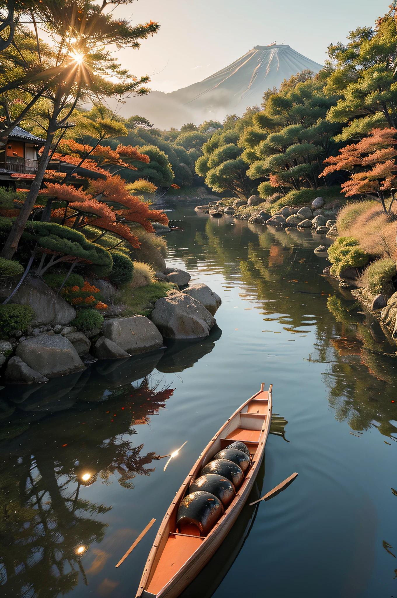 illustration, style japonais, sushis sur l'eau, eau with orange reflections, Images HD, 4K,