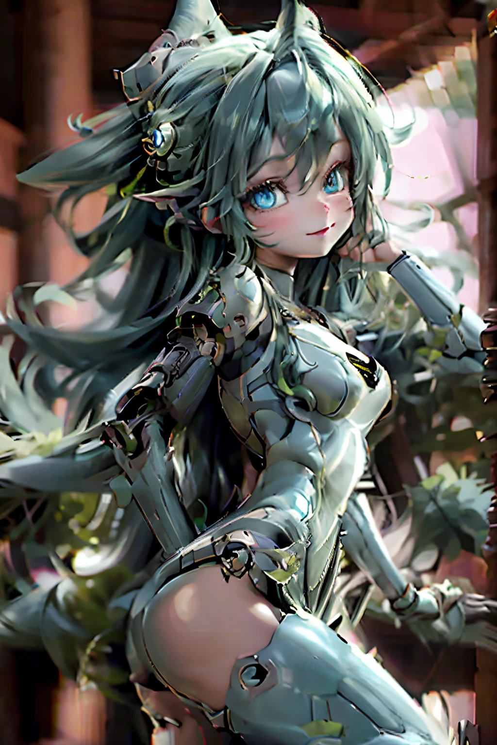 masterpiece、top-quality、hight resolution、8K、Baby Face、1beautiful girl、sixteen years old、Harpy、mechs、a mecha girl、Mecha harpy、kawaii eyes、big eye、dark light blue eyes、green colored hair、Twin-tailed、Smile with open mouth、teak、lip stick、bikini-armor、sexypose、dynamicposes、From Side,